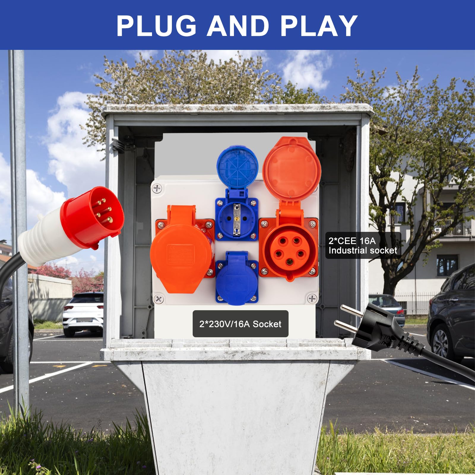 Distribuidor de Corriente Mural con Tomas Schuko IP54 y Toma de Corriente CEE 16A/32A, IP67 Caja de Distribución Eléctrica para Edificios