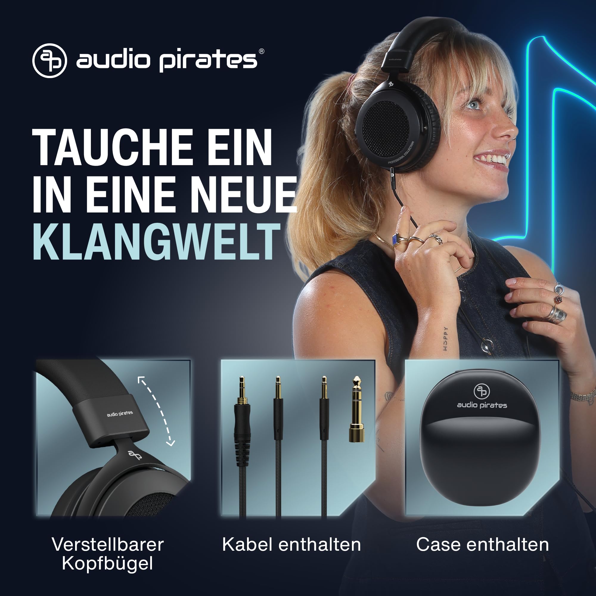 audio pirates Rick Over-Ear HiFi-Kopfhörer, Offenes Design | mit Case, 3m Kabel, 3,5mm / 6,3 mm Klinke-Adapter, Dezenter Bass, warm abgestimmt, Musik, TV & Hörspiel | Professional Collection