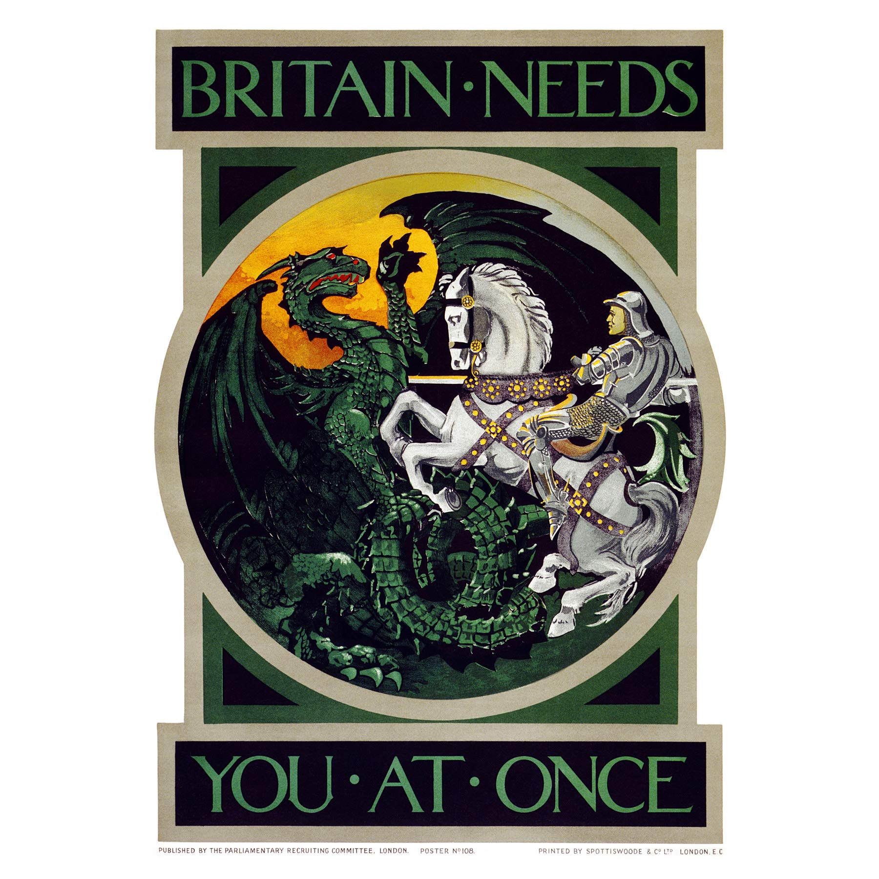 War WWI UK Britain Needs You Dragon Recruit Advert Premium Wall Art Canvas Print 18X24 Inch