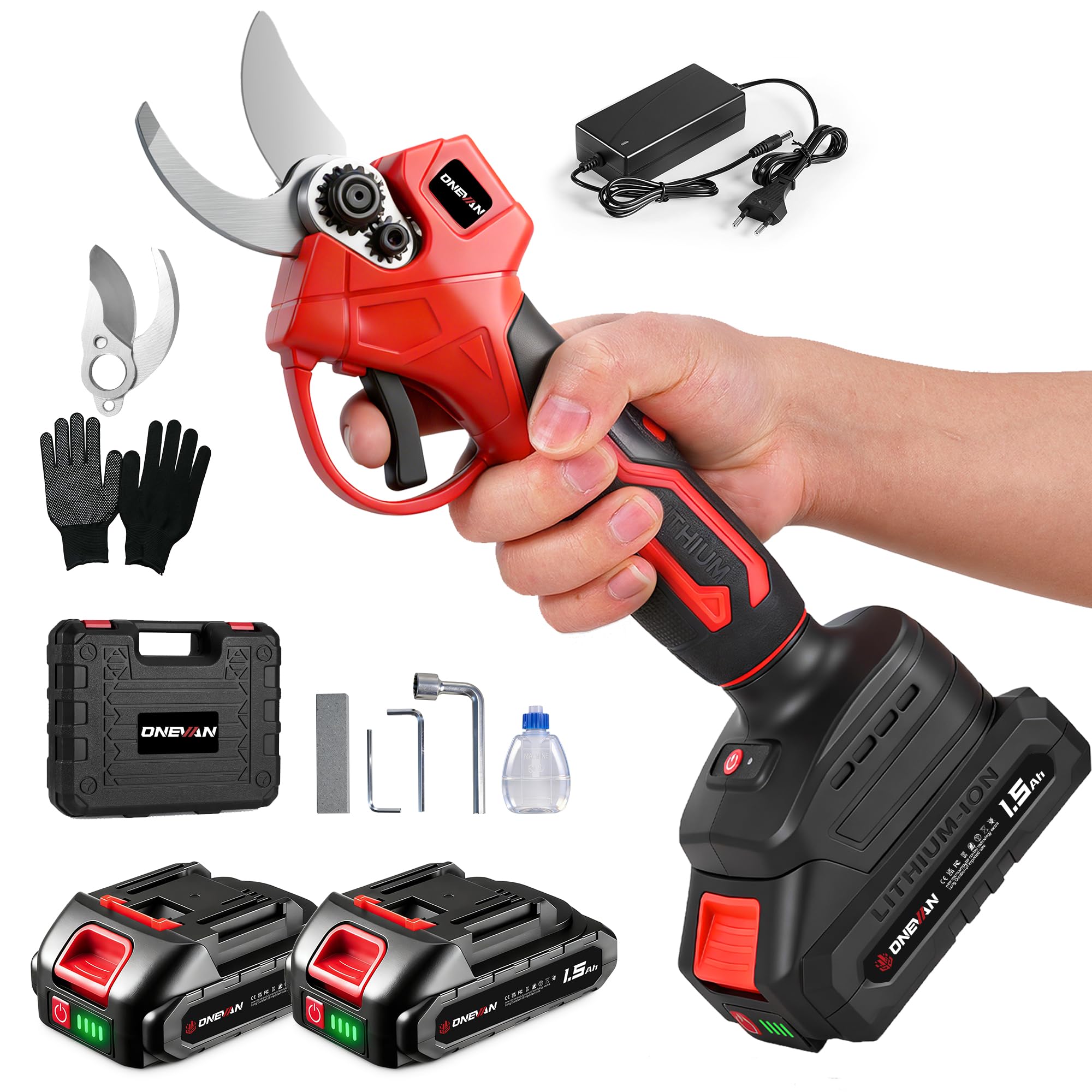 ONEVAN Sécateur électrique sans fil - Diamètre de coupe : 25 mm - Sans balais - Sans fil et léger - Avec 2 batteries de 1,5 Ah - Lames SK5 - Sécateur sans fil pour jardin, arbre, haie