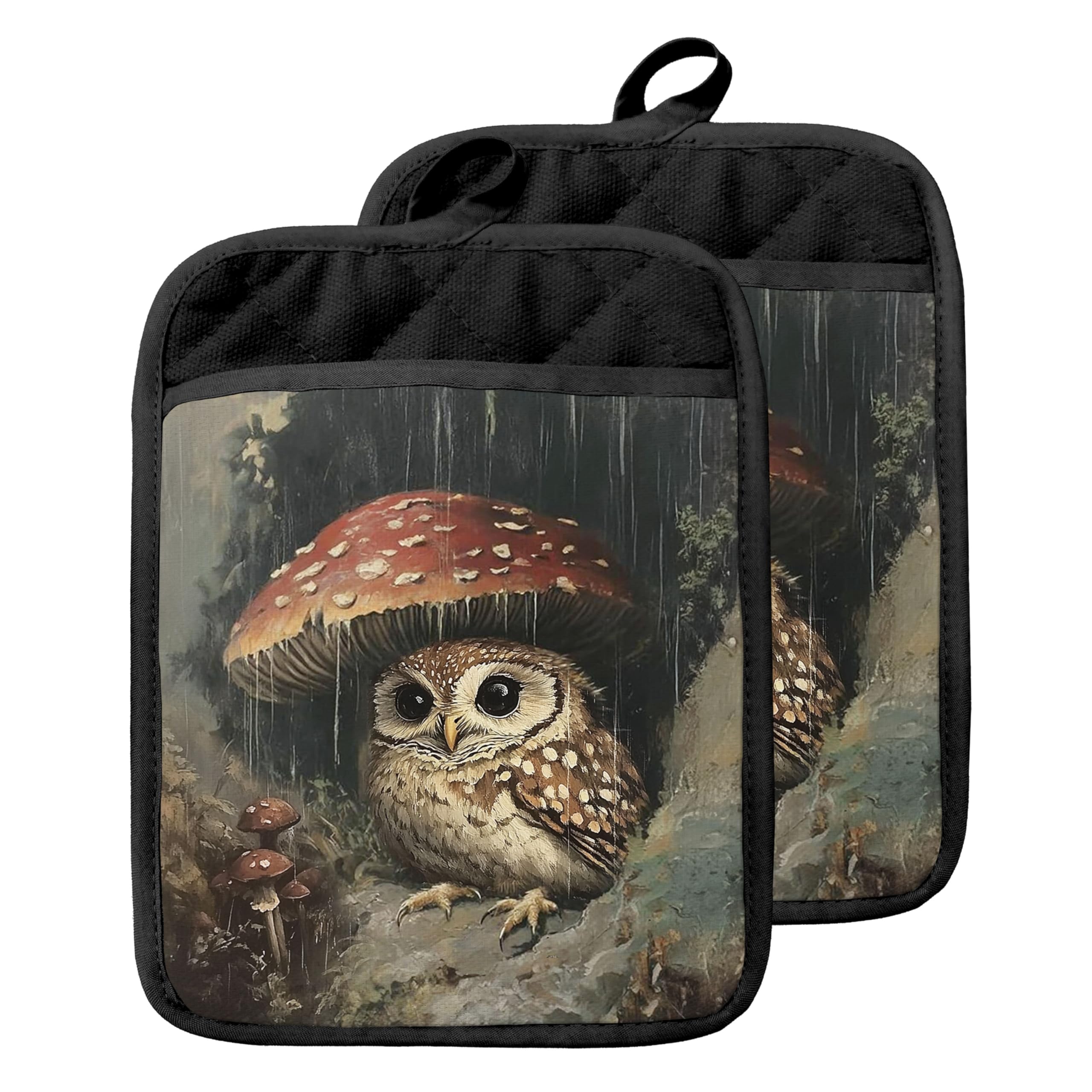 Maniques hibou Dark Cottagecore : gants de cuisine anti-chaleur à poches