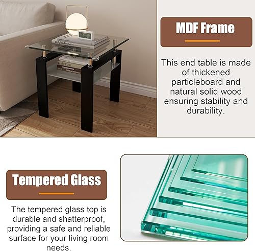 Miniatura 6 de Juego de 3 para sala de estar con mesa auxiliar de cristal, mesa auxiliar y mesa consola, moderno juego de 3 piezas negro con estante de