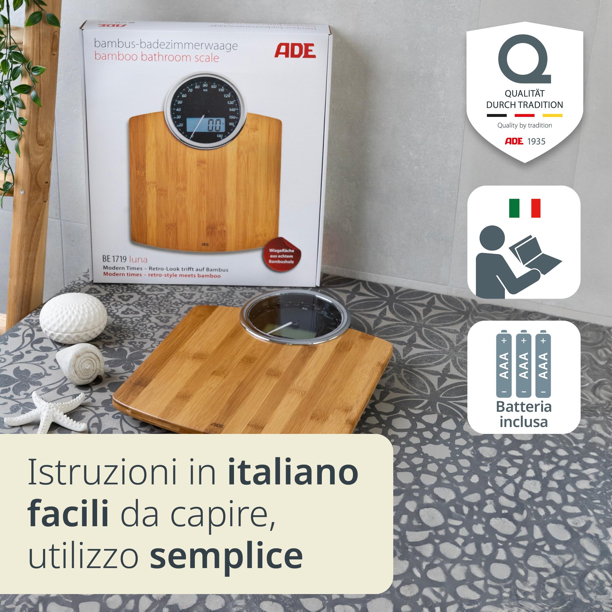 ADE Bilancia pesapersone digitale con display analogico | grande display | risultati molto precisi fino a 180 kg | superficie di pesatura in vero legno di bambù