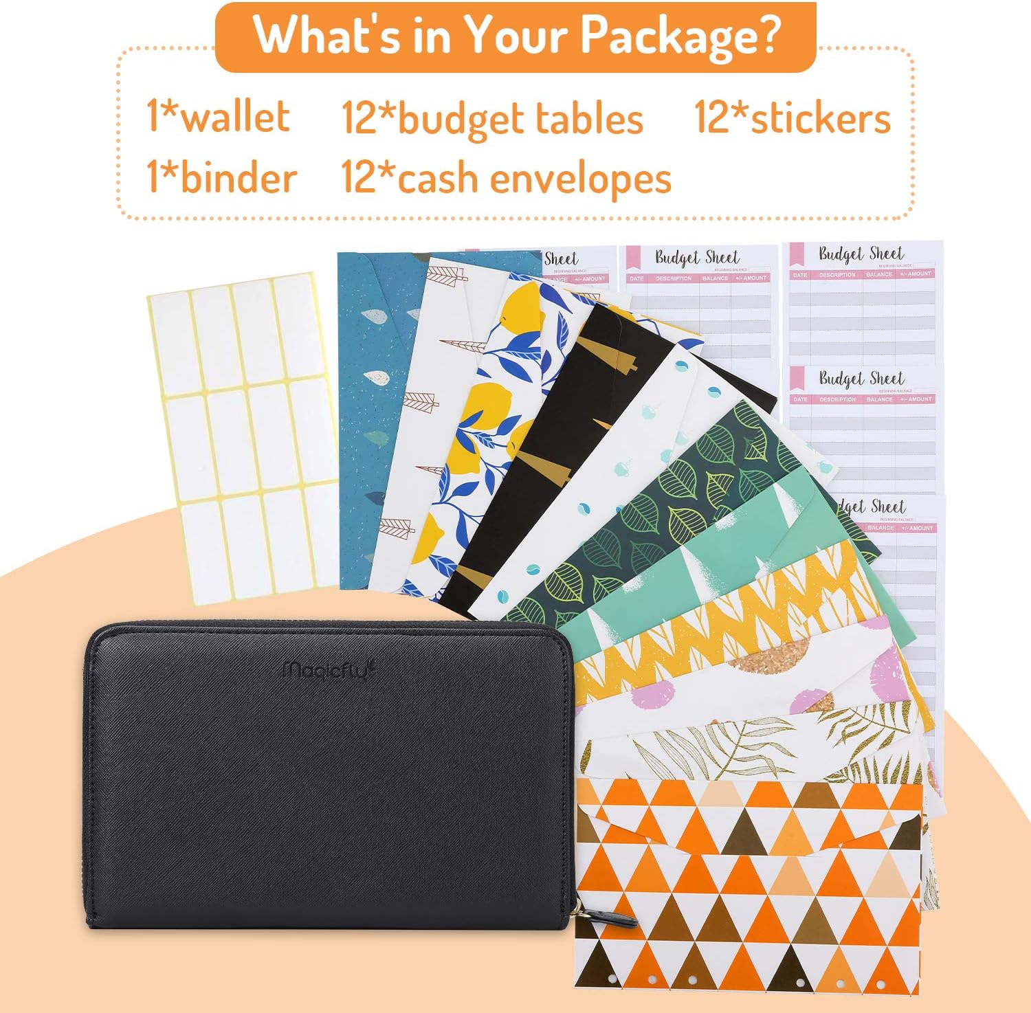 Magicfly Cash Envelope Wallet, All-in-One Budget System Wallet with 12 Budget Envelopes& Budget Sheets & Labels, Waterproof & Lightweight, Budget Envelope for Tracking of All Your Spending, Black