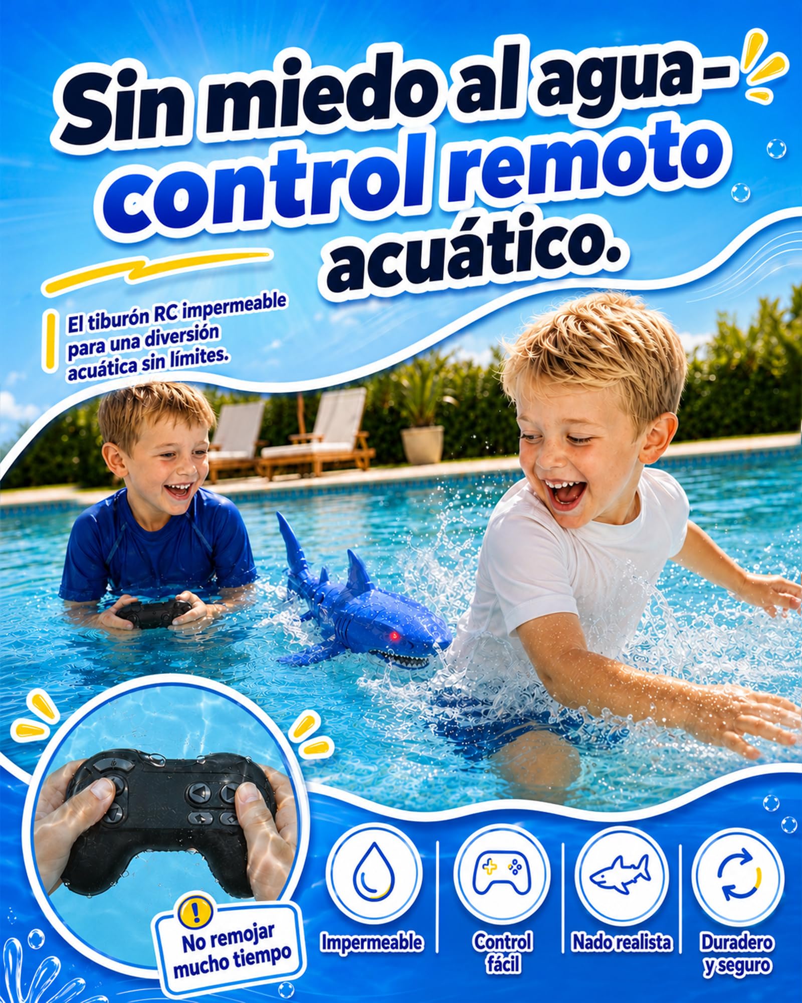 KOKODI Tiburón Robot con Control Remoto Luminoso para Niños a Partir de 3 Años – Juguete Acuático Impermeable para Piscina y Baño de Verano, Control Remoto Impermeable, Regalo de Cumpleaños Unisexo