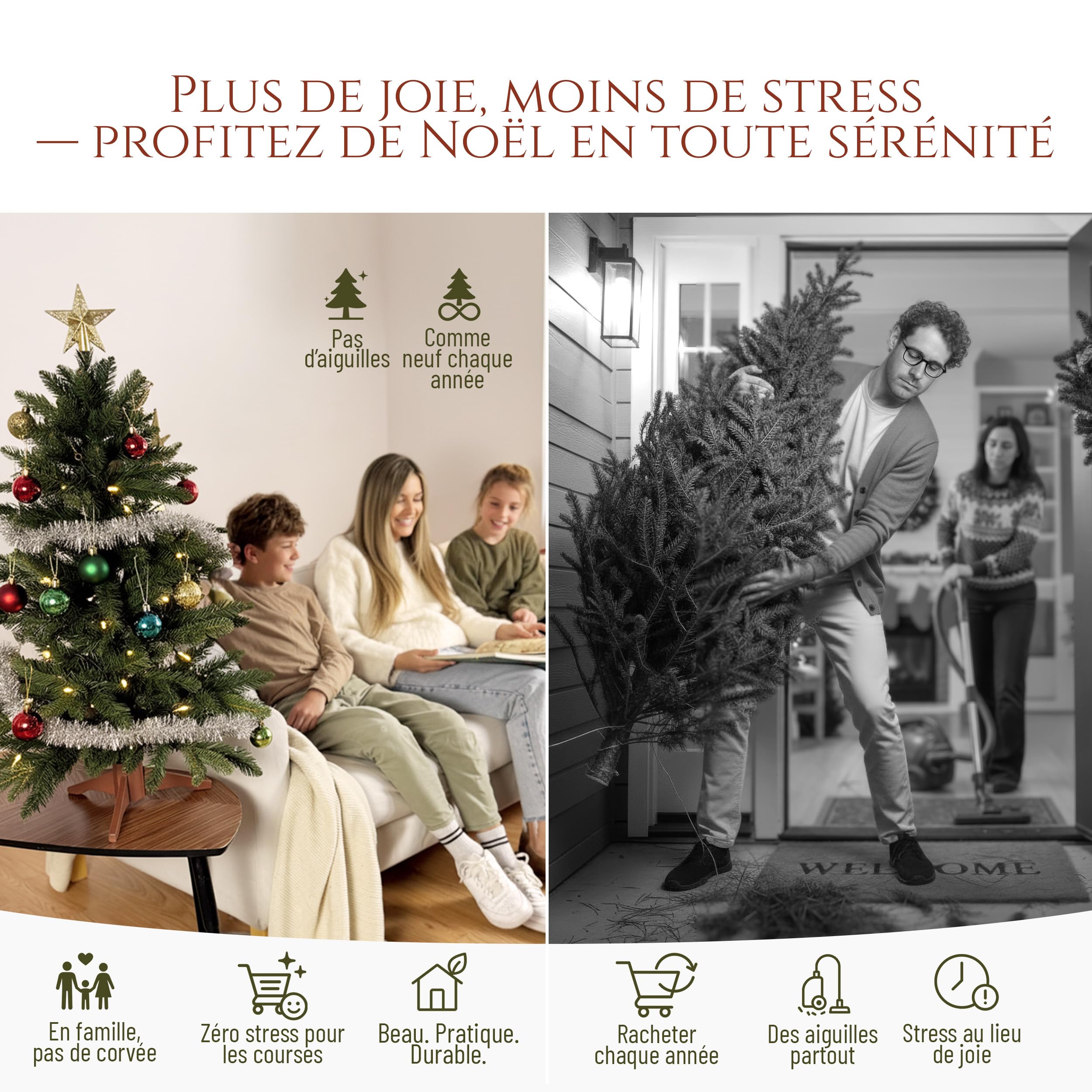 Sapin de Noël Artificiel Premium 90 cm - Gagnant du Test - Réalisme Exceptionnel, Branches épaisses, livré avec Support en Bois et Sac de Rangement – Pure Living