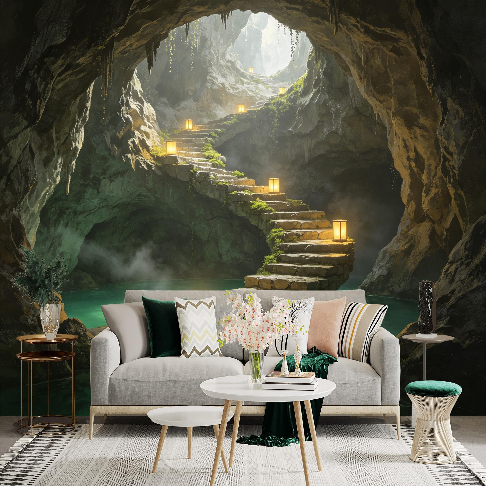 Custom Size Wall Sticker Mural， Mysterious Stone Staircase in Fantasy Cave， Glowing Lanterns and Underground Lake， for wall Decoration， peelandstick wall Decals.