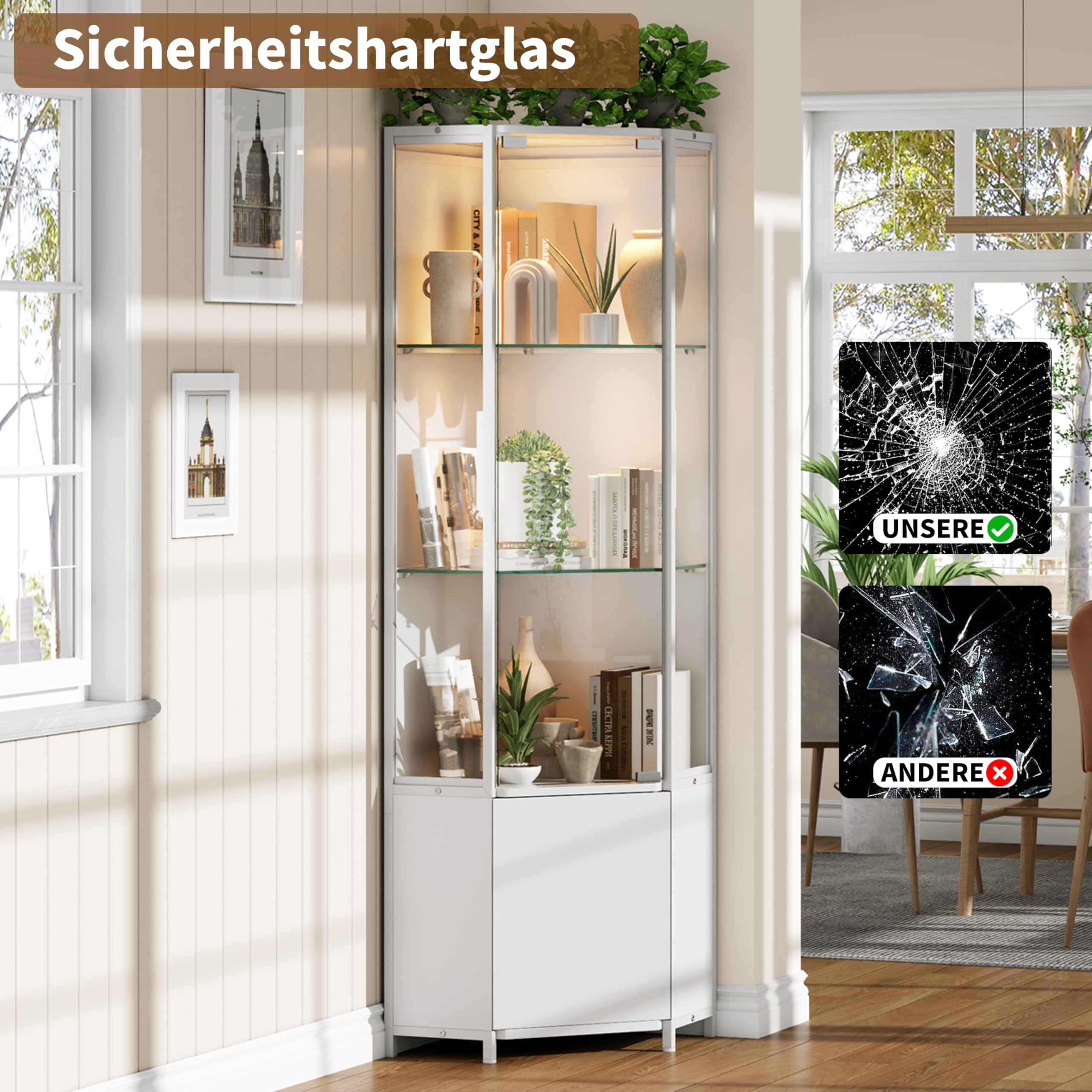 Eckvitrine mit Gehärtetem Glas，165cm Höhe Eck Vitrinenschrank mit LED Beleuchtung，3-stufige Schauvitrine und 1-stufige Cabient, Vitrine für Sammlerstücke, Spirituosen, Wohnzimmer, Schlafzimmer, Büro
