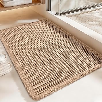 Luxury Waffle Bath Mat, Super Absorbent Non Slip Bathroom Rugs, Boho Ultra Soft Comfort Machine Washable Quick Dry Floor Mats with Tassels Brown, 20" x 30"
