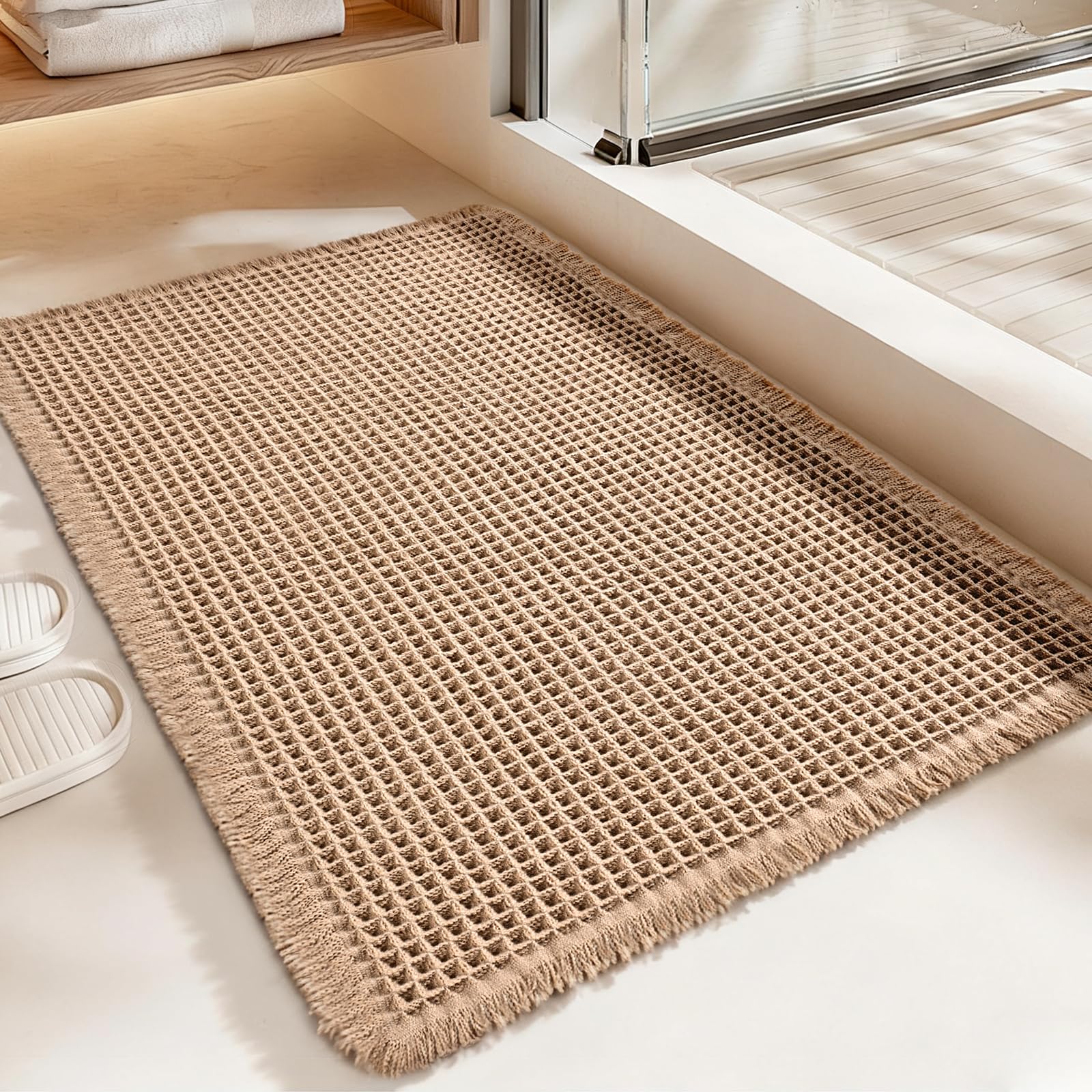 Siyaluens Luxury Waffle Bath Mat Super Absorbent Non Slip Bathroom Rugs Boho Ultra Soft Comfort Machine Washable Quick