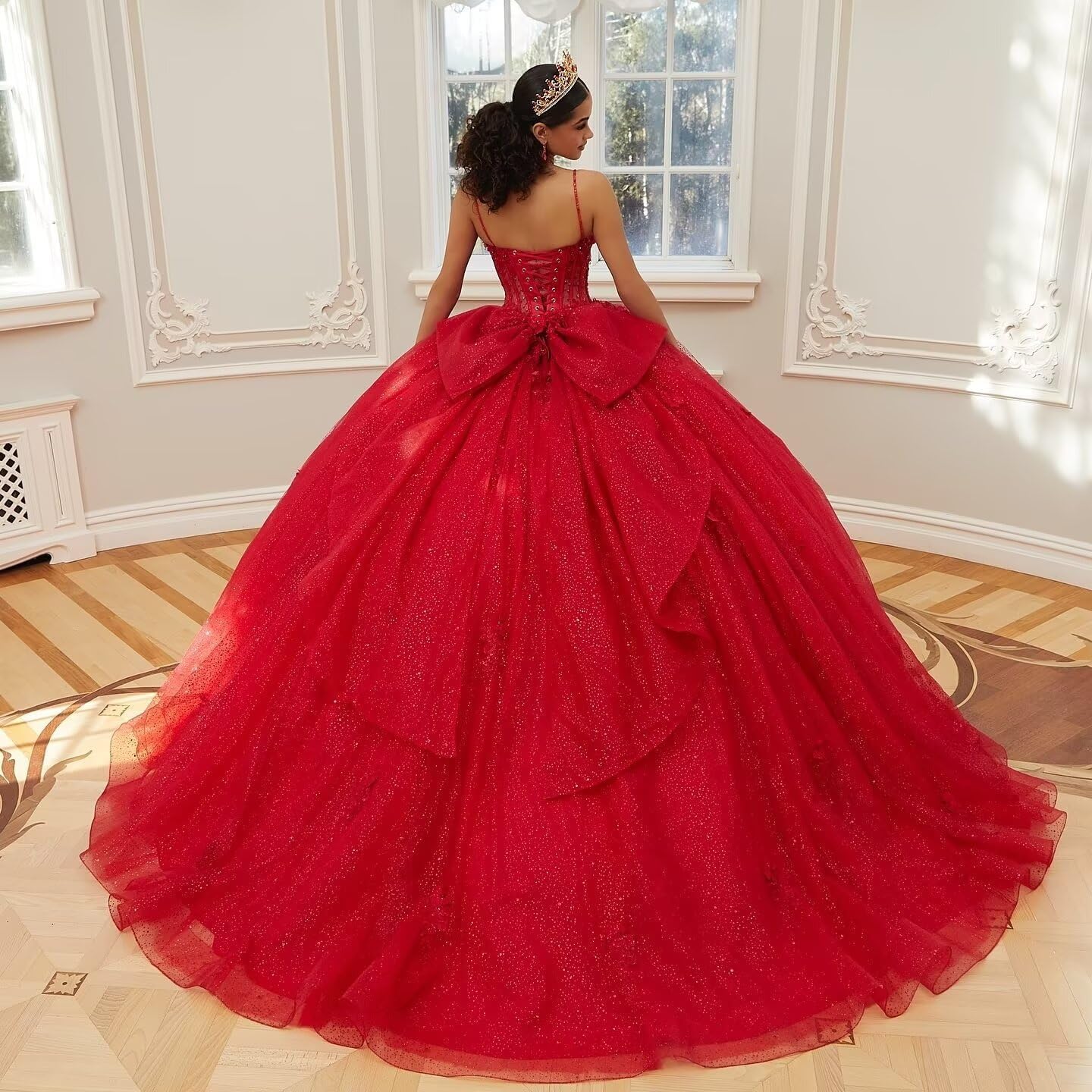 Vestidos de quinceañera con Tirantes Finos, Vestidos de Tul Brillante para Adolescentes MT041