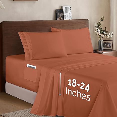 Elegant Comfort Luxury 1500 Premium Hotel Quality Microfiber 4-Piece Sheet Set - Soft, All Around Elastic 18-24 Inches Deep Fitted Sheet - Extra Deep Pocket Sheets, Queen, Coral