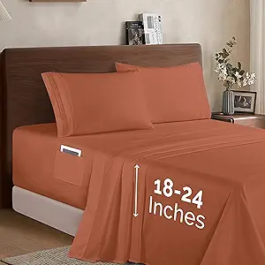 Elegant Comfort Luxury 1500 Premium Hotel Quality Microfiber 4-Piece Sheet Set - Soft, All Around Elastic 18-24 Inches Deep Fitted Sheet - Extra Deep Pocket Sheets, Queen, Coral