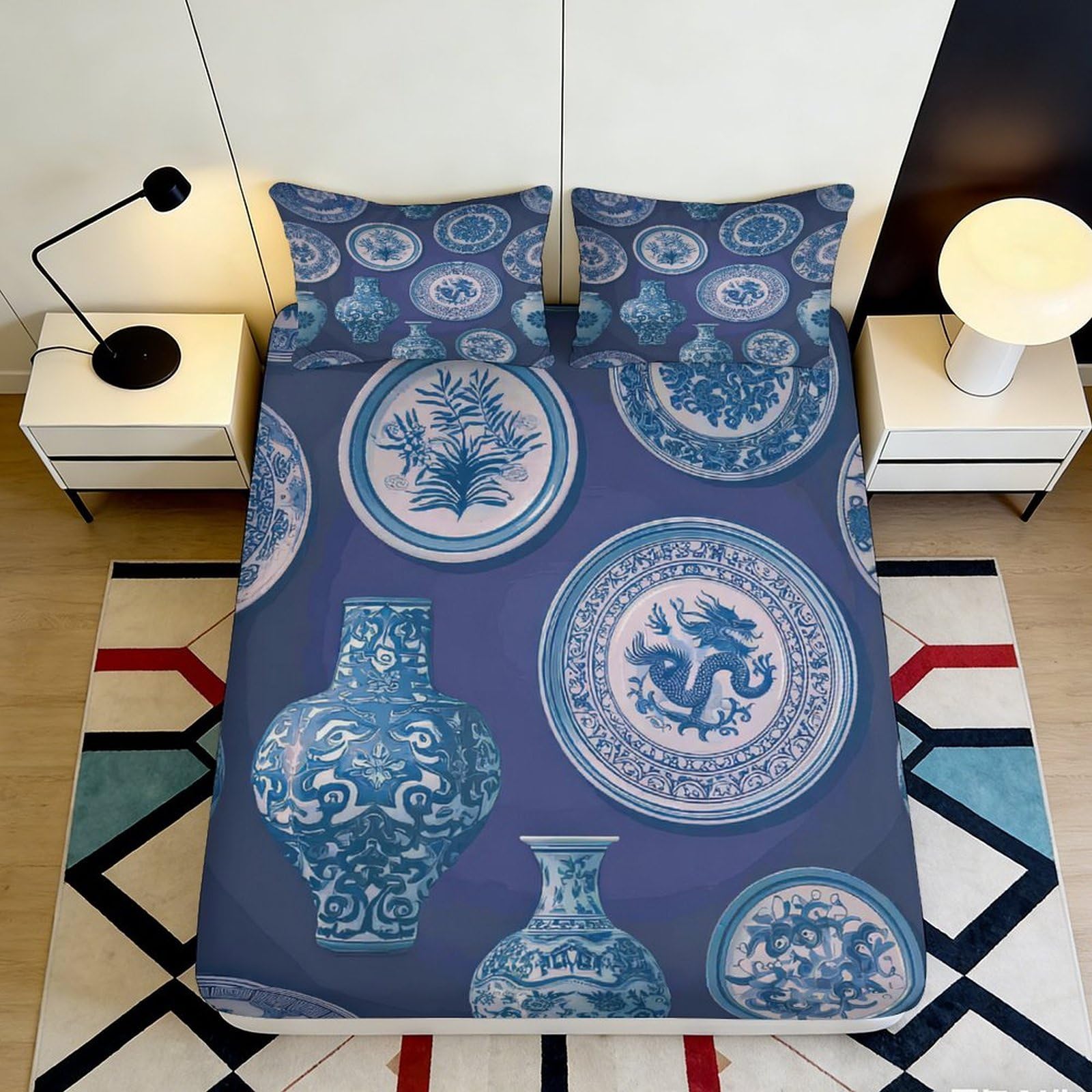 Jqzkxnhpbr Style-6 3D Printed Blue Porcelain Fitted Sheet Microfiber Soft Decorative Vase Pattern Bed Cover Bedroom Dorm Use 90X200x25cm