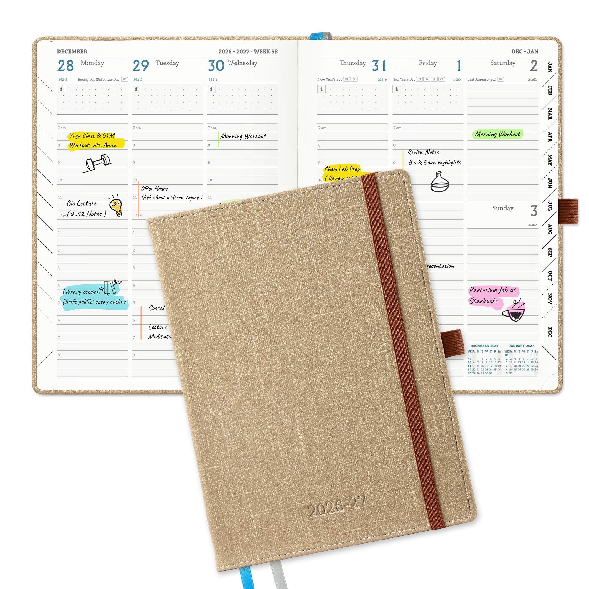 IN-LUXPRO Academic Diary 2026-2027: Luxury A5 Week to View (21.9x16.2cm)18 Months (Jul'26 - Dec'27) Mid Year Diary 26/27 Vertical Weekly Planner with Timeslots & Month Tabs, PU Leather Khaki