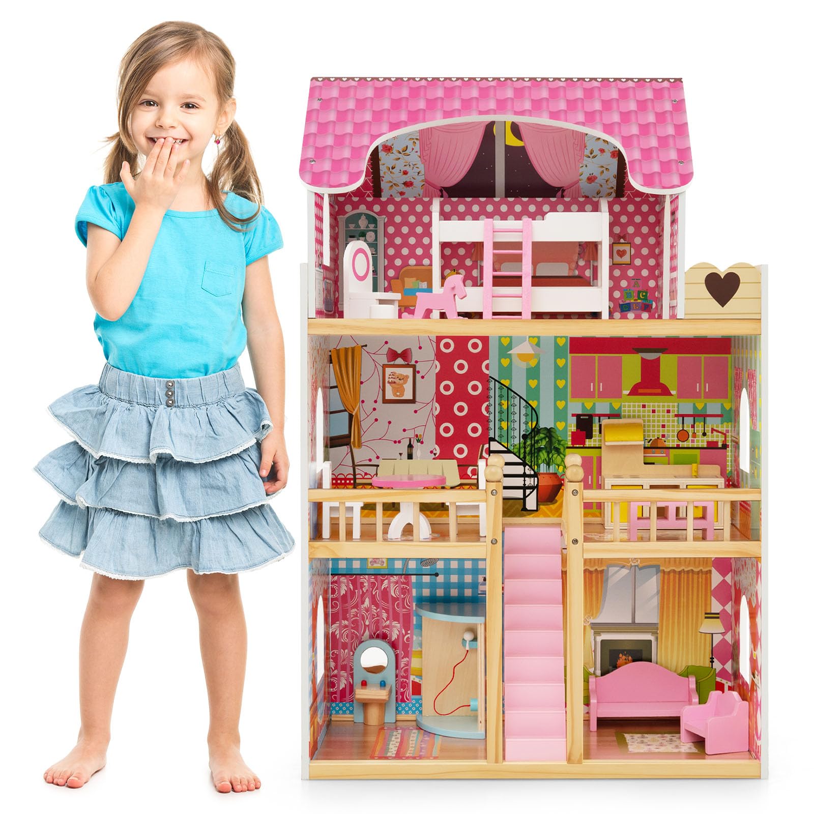 GOPLUS Maison de Poupée Enfant, Maison de Poupée en Bois à 3 Niveaux avec Mobilier, Accessoires, Toits Double-Face, Portes Ouvrantes, Échelles, Maison de Princesse pour Enfant 3+ Ans