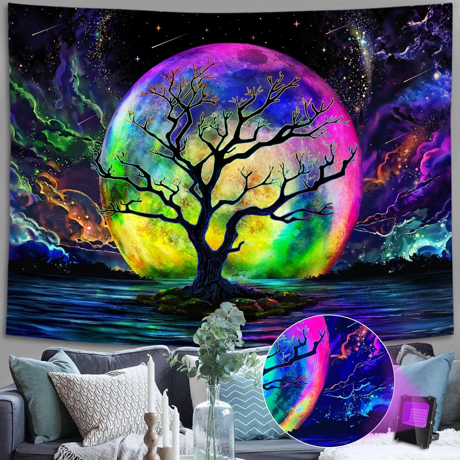 Amazon.com: Faxdong Blacklight Moon Tapestry, UV Reactive Tree