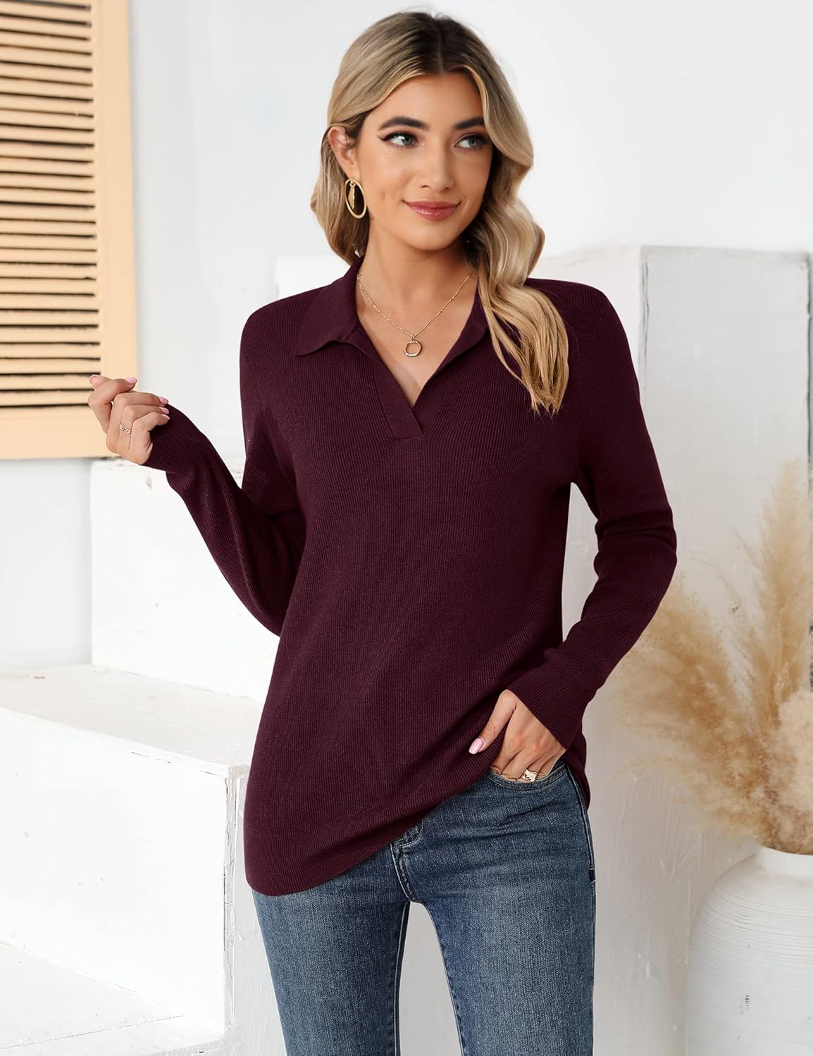 Romanstii Women's Knitted Collared Sweaters Long Sleeve V-Neck Polo Shirts Winter Pullover Tops - Image 4