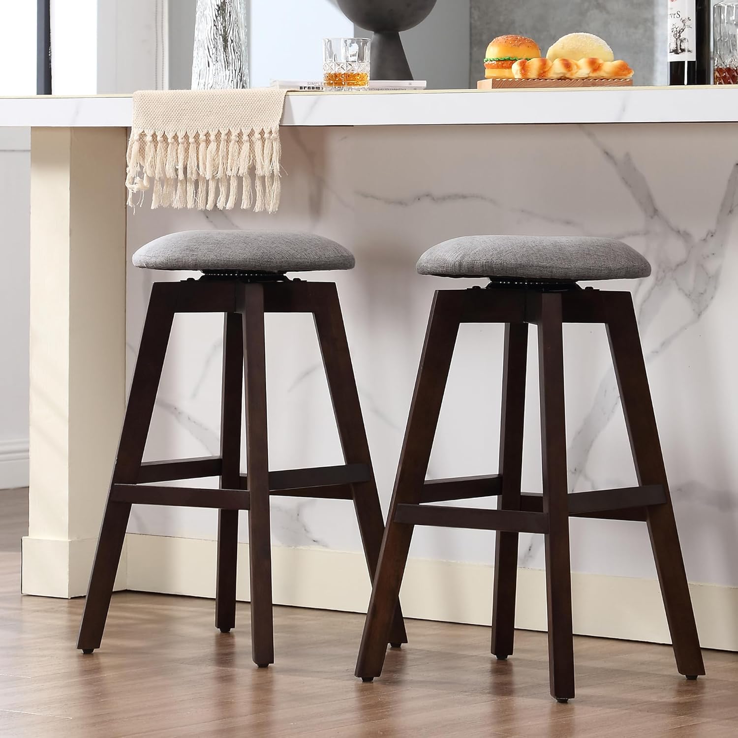 26 Inch Bar Stools Set of 2, Swivel Kitchen Counter Stool, Backless Breakfast Stools,Counter Height Bar Stool for Home Bar Dining Room, Solid Wood with 360 Swivel Seat, Brown Leg/Gray seat Brown Leg/Gray Seat set of 2