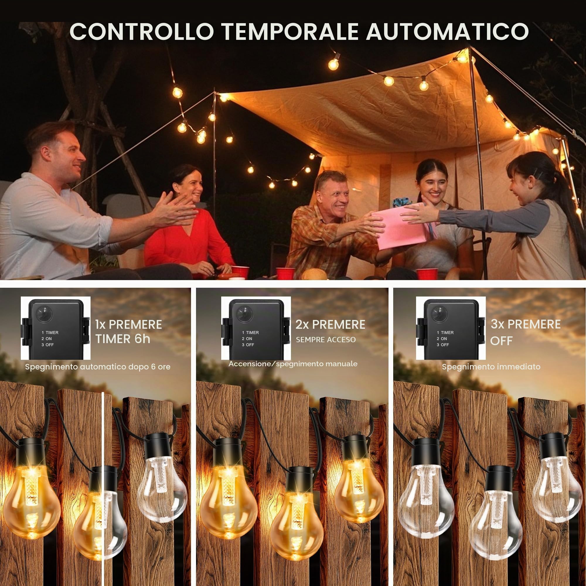 Catena Luminosa Esterni con Timer, 9M/30FT Luci da Batteria con 12 A60 LEDs USB Ricaricabile 5000mAh Luci Natalizie per Decorazione Esterna Scale Giardini Gazebo Matrimoni