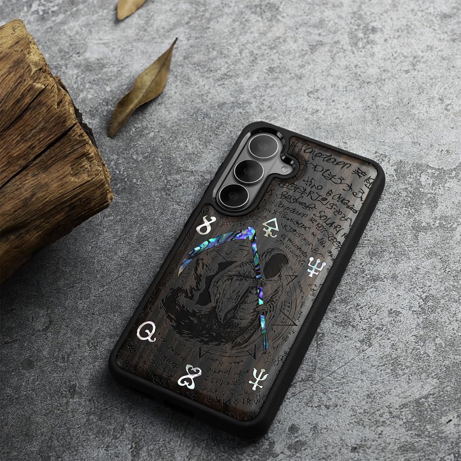 Carveit Magnetic Wooden Case for Samsung Galaxy S26 Case, Wood Artisan Engraved & Handmade Shell Inlaid, Compatible with MagSafe Wireless Chargers (The Grim Reaper of Carved) Blackwood
