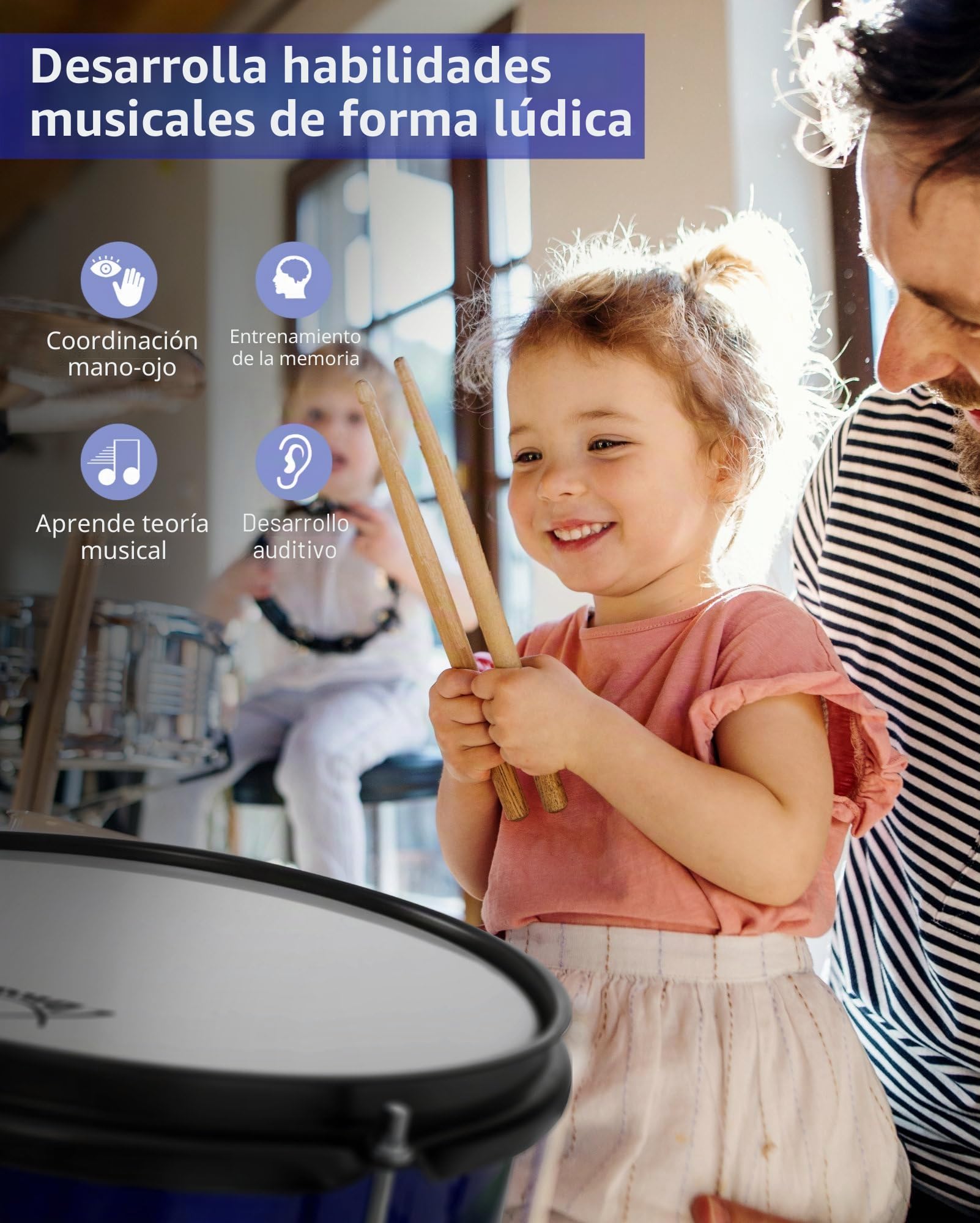 XDrum Junior KIDS Batería incl. Escuela - Batería compacta para niños de 3 a 5 años, montaje muy fácil, con escuela, taburetes, varillas y llave de ajuste, color azul