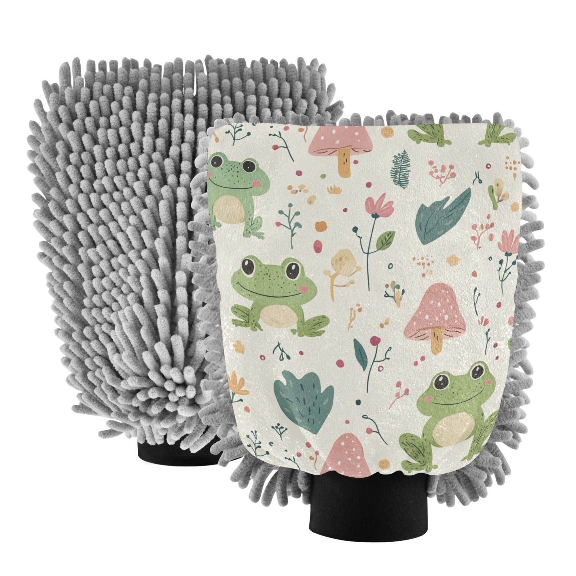 Cartoon Leaves Cute Frogs Hand Mitt Car Wash Glove 11.8'' Car Washing Gloves Scratch Free Detailing Sponge for Hand Brush Cleaning