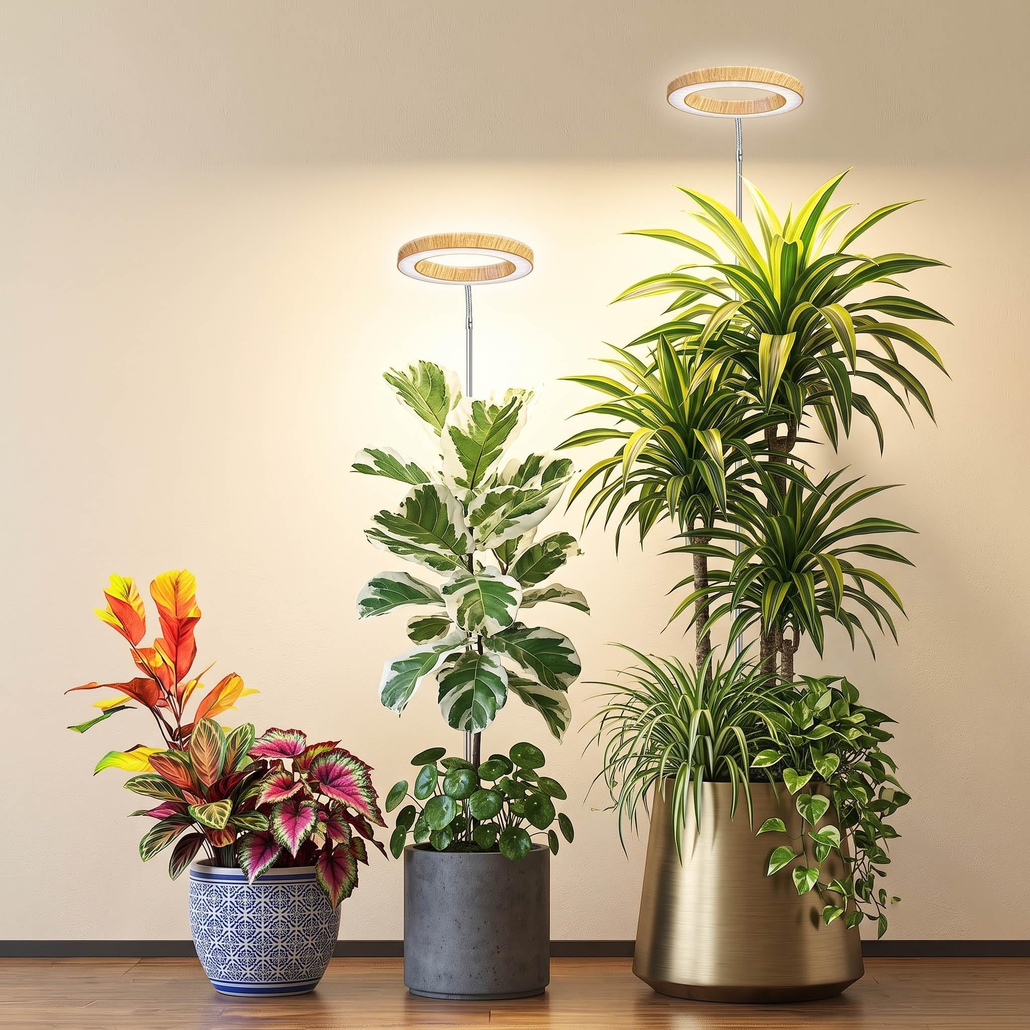 Wachstumslichter für Zimmerpflanzen, Vollspektrum, 16 cm, LED-Holzmaserung, Pflanzenwachstumslicht, 30–160 cm, höhenverstellbare Pflanzenlichter, Wachstumslampe mit Auto-Timer, 3H/9H/12H, 10 dimmbare