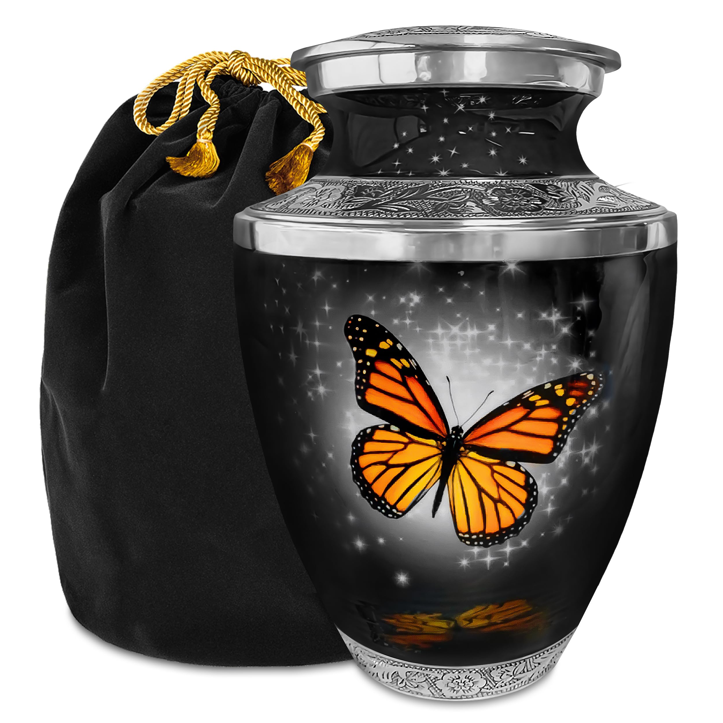Monarch Butterfly Cremation Urn for Human Ashes – Large Adult Memorial Urn, Black Funeral Urn, Tribute of Love and Remembrance