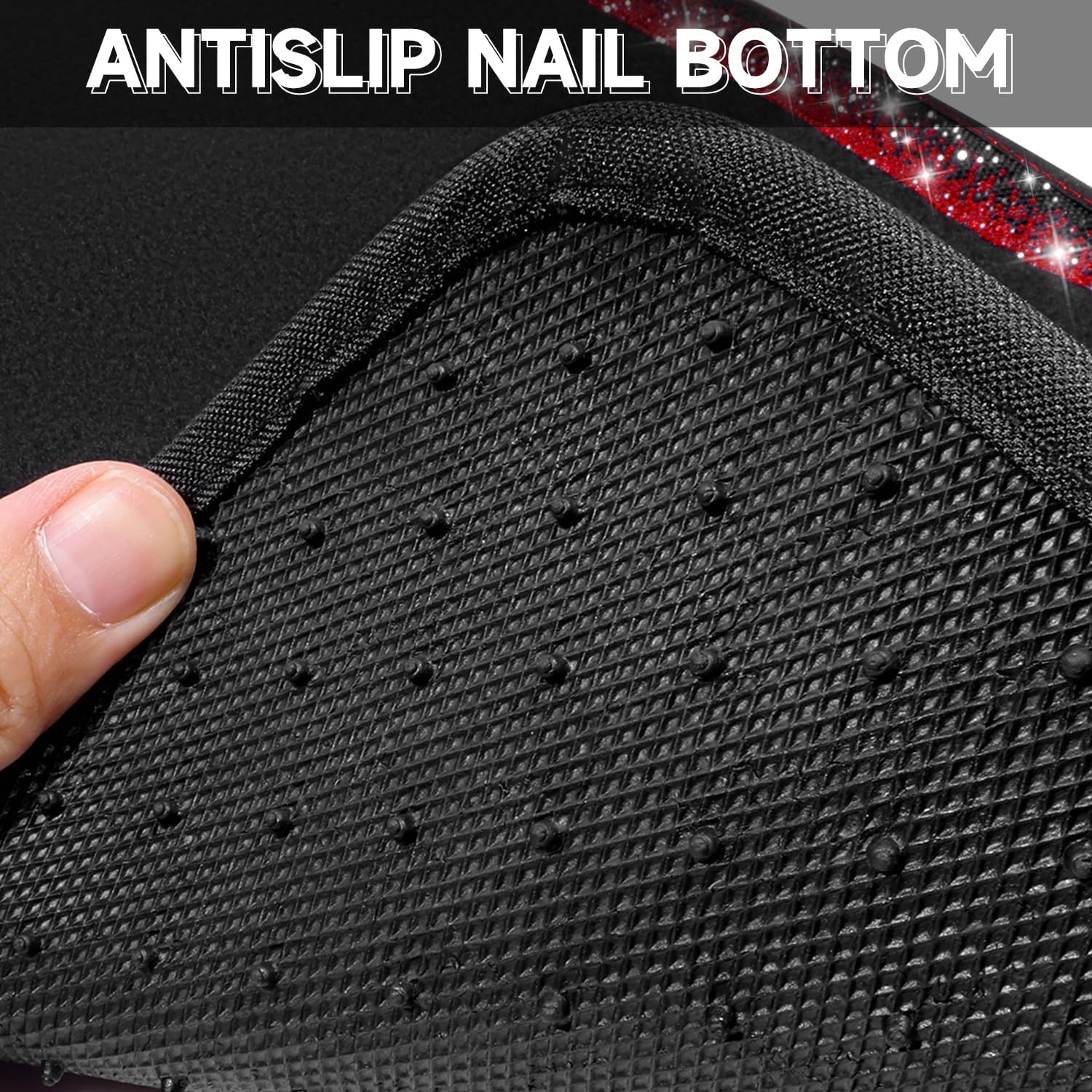 CAR PASS Bling Diamond Car Floor Mat Shining Rhinestones Carpet, Sparkly Glitter Crystal Anti-Slip PVC Heel Pad Automotive Universal Fit for SUV Sedan Car Van, 4pcs for Girl Cute Women, Black Red - Image 7