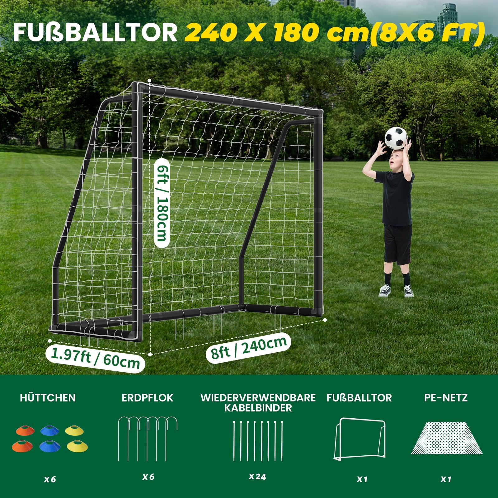 Fußballtor für Garten Kinder & Erwachsene, Robustes Fussballtor Outdoor mit Stahlrahmen, wetterfestem Netz, Erdankern, 6 Hütchen, Fußball Tor Set für Training, Schwarz