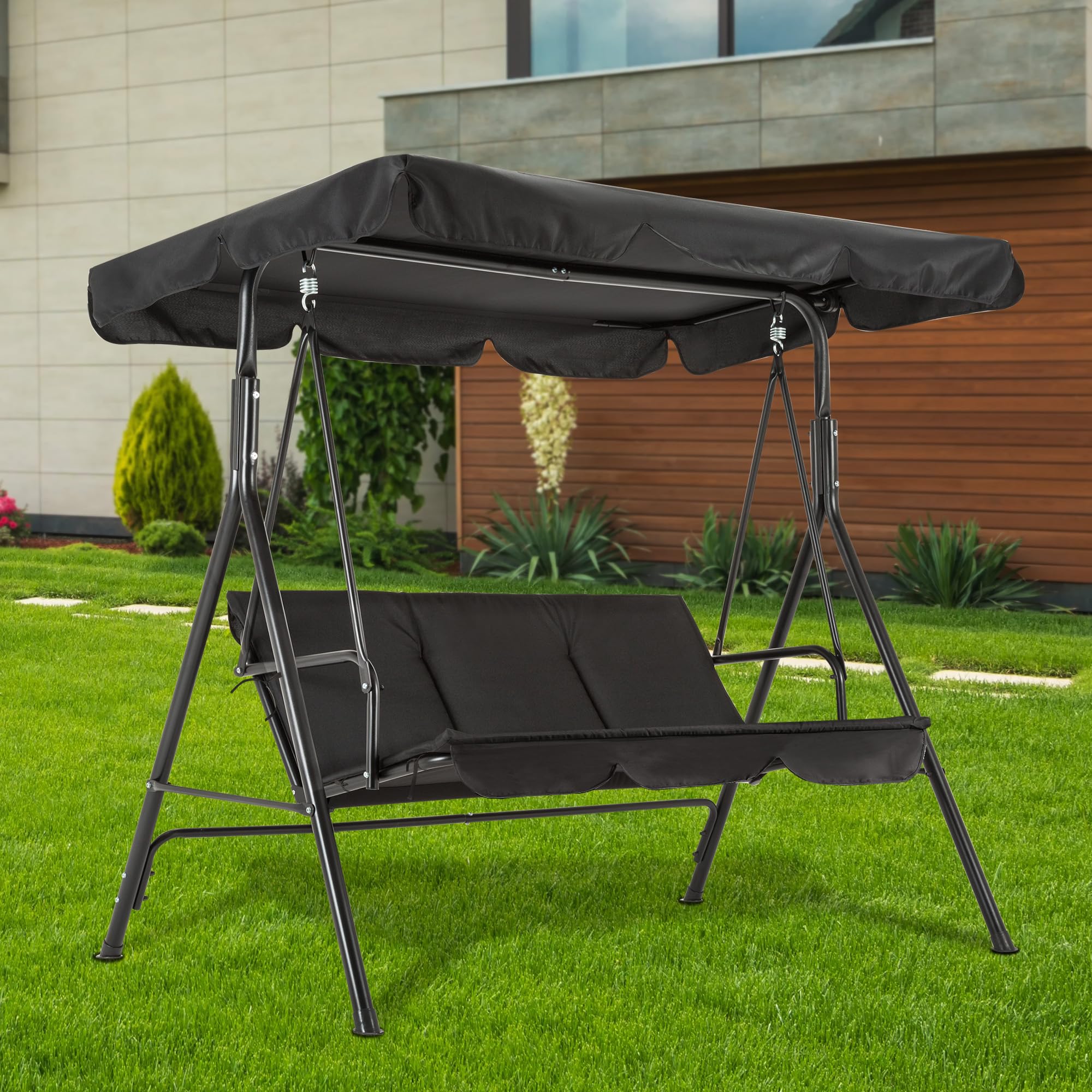 M MCombo 3-Sitzer Hollywoodschaukel, Gartenschaukel mit Verstellbares Sonnendach, Schaukelbank Outdoor, Gartenliege Wetterfest, 114 x 170 x 155 cm, Schwarz 8003