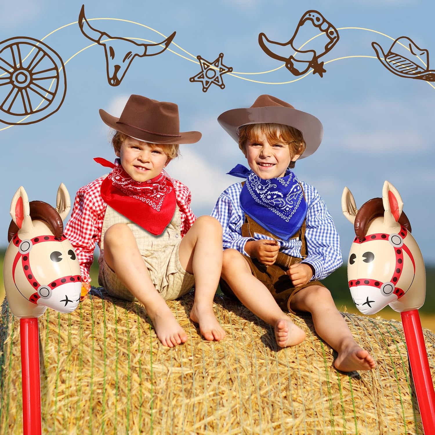 Xtinmee 36 Pcs Cowboy Party Costume Set, Cowboy Hats Paisley Bandanas Inflatable Stick Horses Kids Party Supplies - Image 5