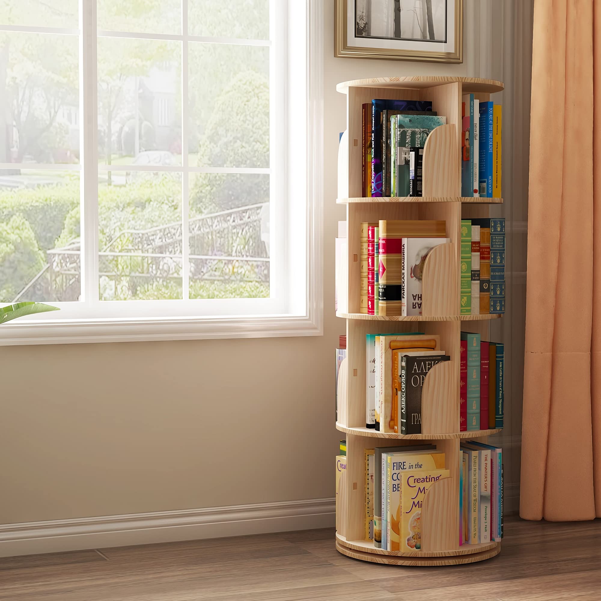 Intexca Rotating Bookshelf, 360° Solid Wood Rotating Stackable