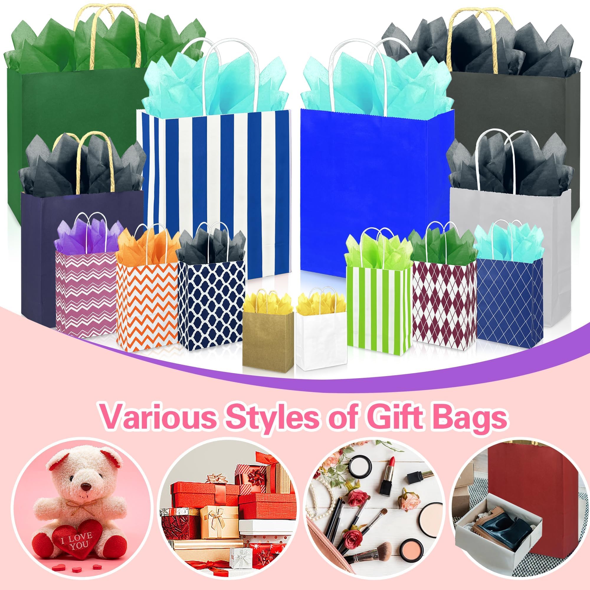 KEEPARTY Lot de 70 sacs cadeaux de tailles assorties avec poignées, comprend 35 sacs cadeaux, 5 tailles, plusieurs couleurs, 35 papiers de soie, 7 couleurs en vrac, parfaits pour les fêtes, les