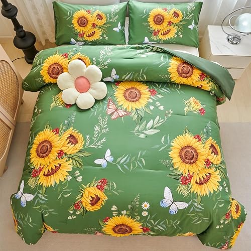 Miniatura 8 de Juego de edredón verde de girasol, juego de ropa de cama de 3 piezas con flores amarillas con plumón alternativo de mariposa, juego de edredón
