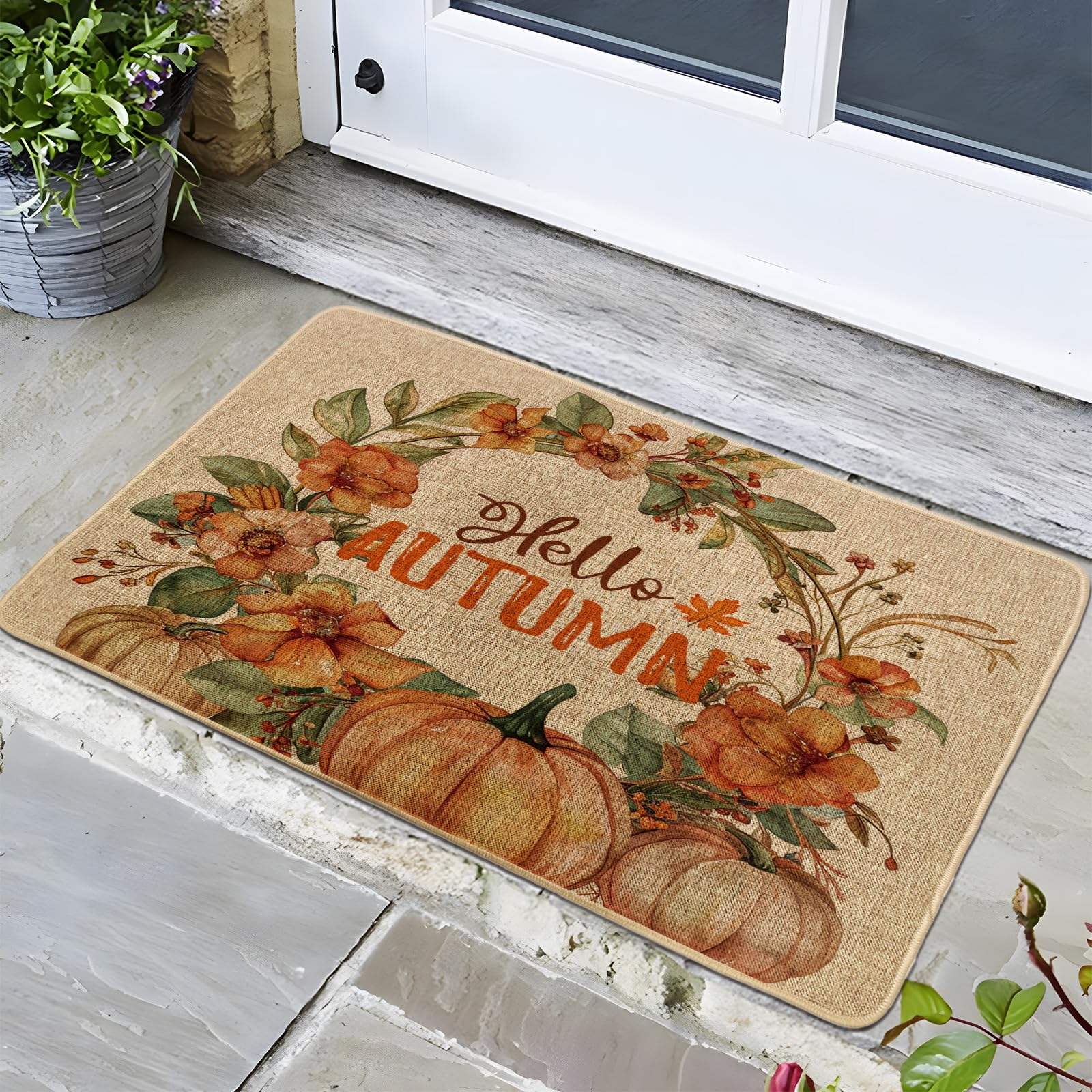 Hello Autumn Doormat, Orange Floral Pumpkin Door Mat for Outdoor & Indoor Entrance Fall Decor, Waterproof Non-Slip Dust Absorbent Front Doormat, Easy Clean 29x17 Inch