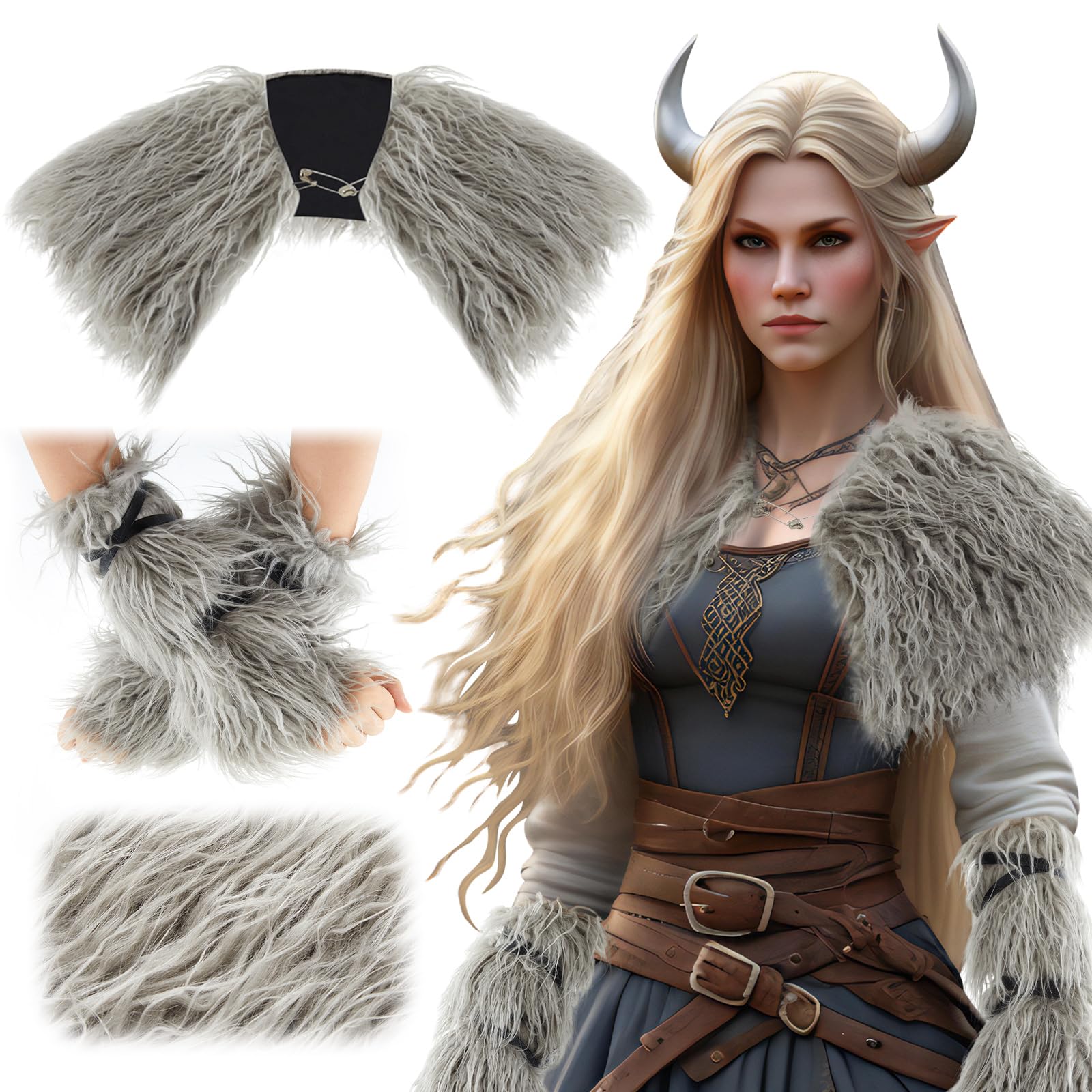 Geyoga 3 Pcs Women Viking Costume Faux Woolen Fur Collar Shawl Cuffs Medieval Outfit Accessories for Halloween Cosplay(Gray)