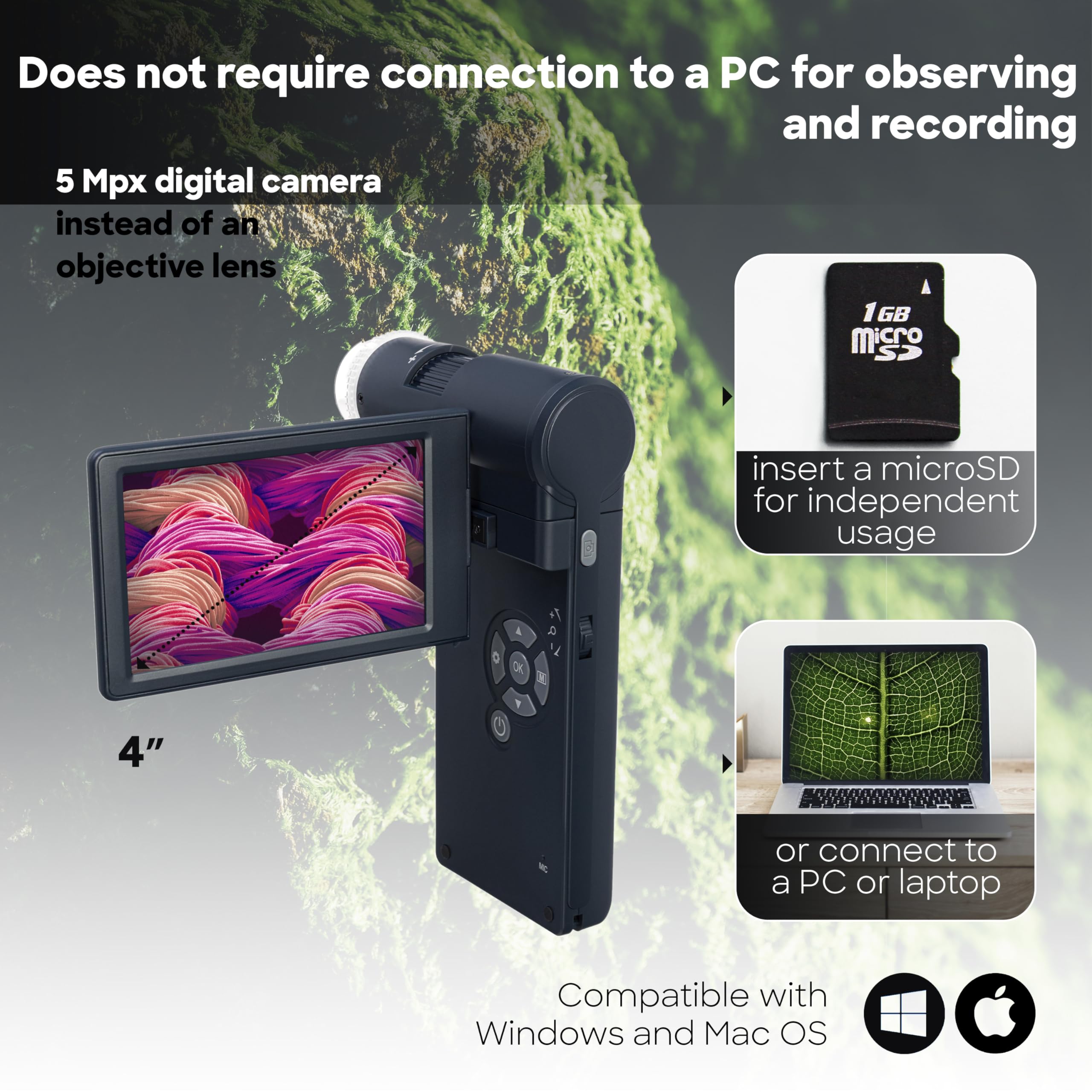 Potente Microscopio USB De Mano Discovery Artisan 1024 con Pantalla LCD De 5″, Cámara Digital y Zoom De 1200x, Compatible con Windows y Mac OS