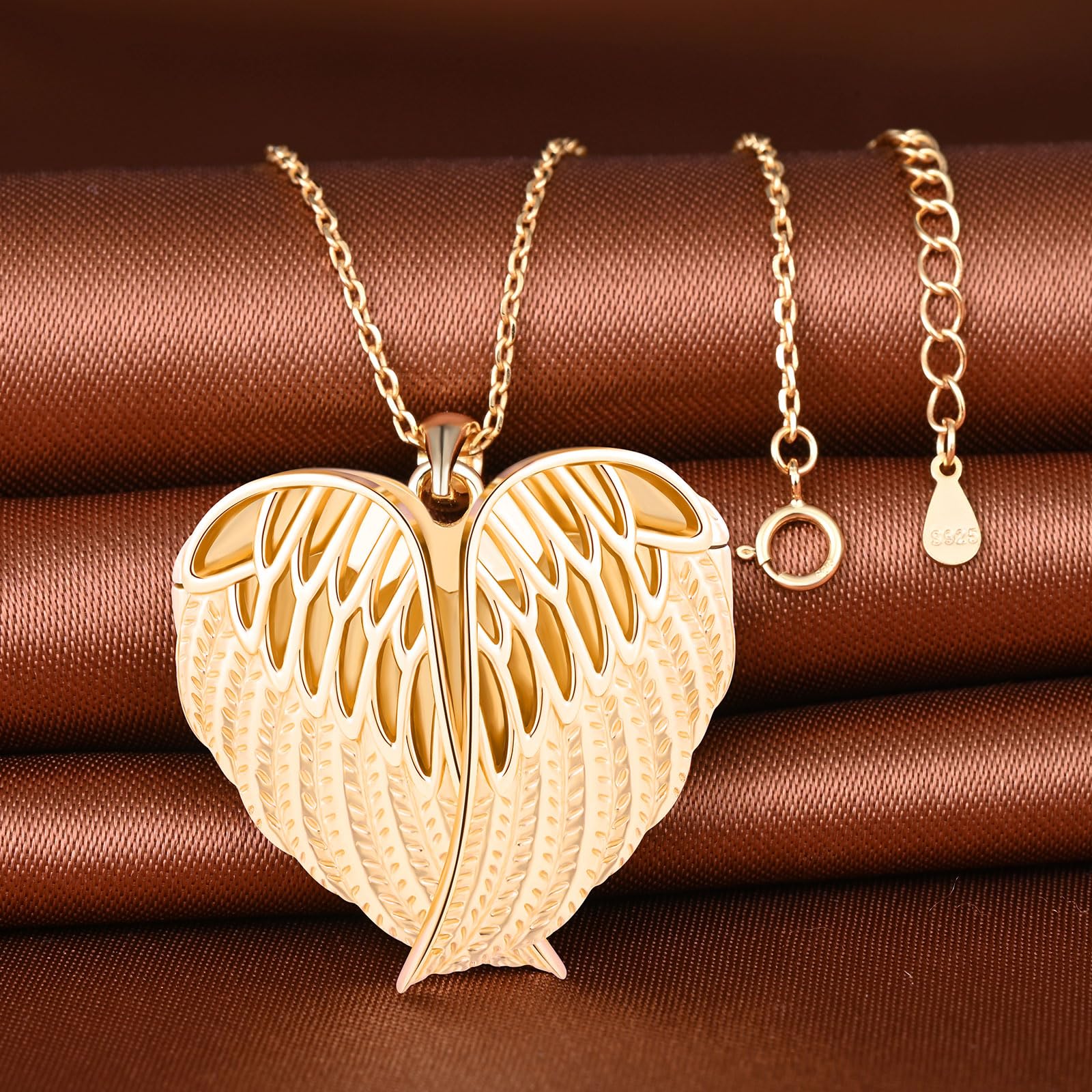 MicLee Collar Foto Corazón Medallones de Plata 925 para Mujer Collares Colgantes Photo Openable Moda Colgante Corazón de Alas - Pluma Collar Souvenir