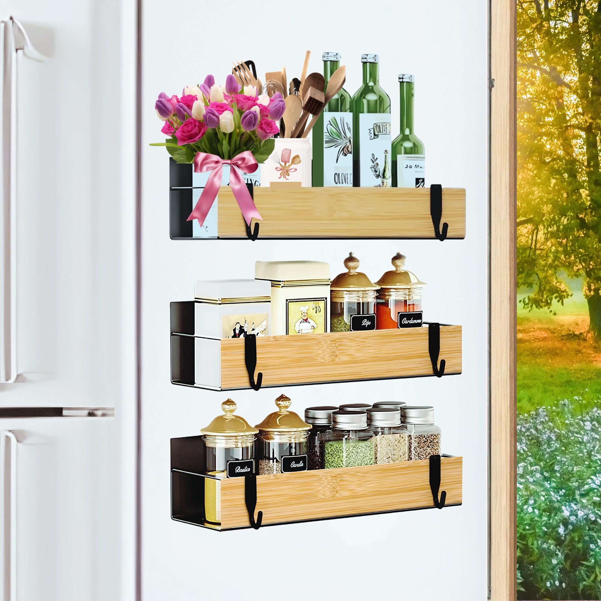WY Family 4 | 3 Pack Magnetic Spice Storage Rack Organizer for Refrigerator and Oven, Black Fridge Storage, Magnetic Shelf, Spice Rack Organizer, Metal-Bamboo