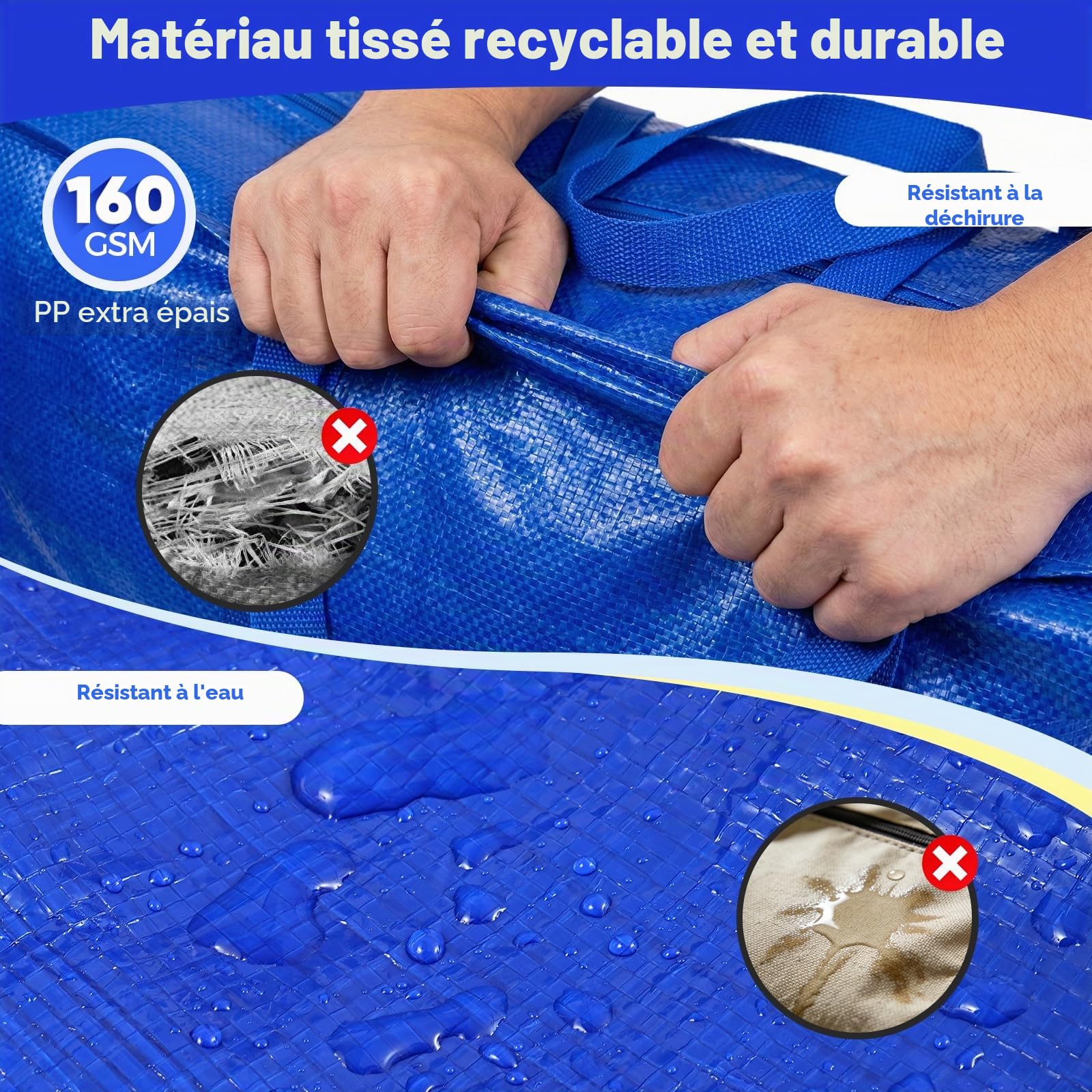 NOCOEX Très Grands Sacs de Déménagement - Lot de 2 Sacs Déménagement Imperméable 200L avec Fermetures éclair et Poignées Renforcées - Sac Rangement Pliable pour Dortoirs Vêtements Couette (Bleu)