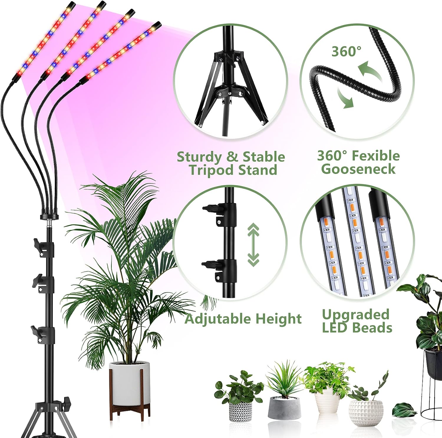 Otdair Grow Light with Stand, Full Spectrum Plant Light for Indoor Plants with Remote, 4 Heads Dimmable Floor Grow Lamp with 4/8/12H Timer for Tall Plants, Auto ON/OFF, 3 Light Modes