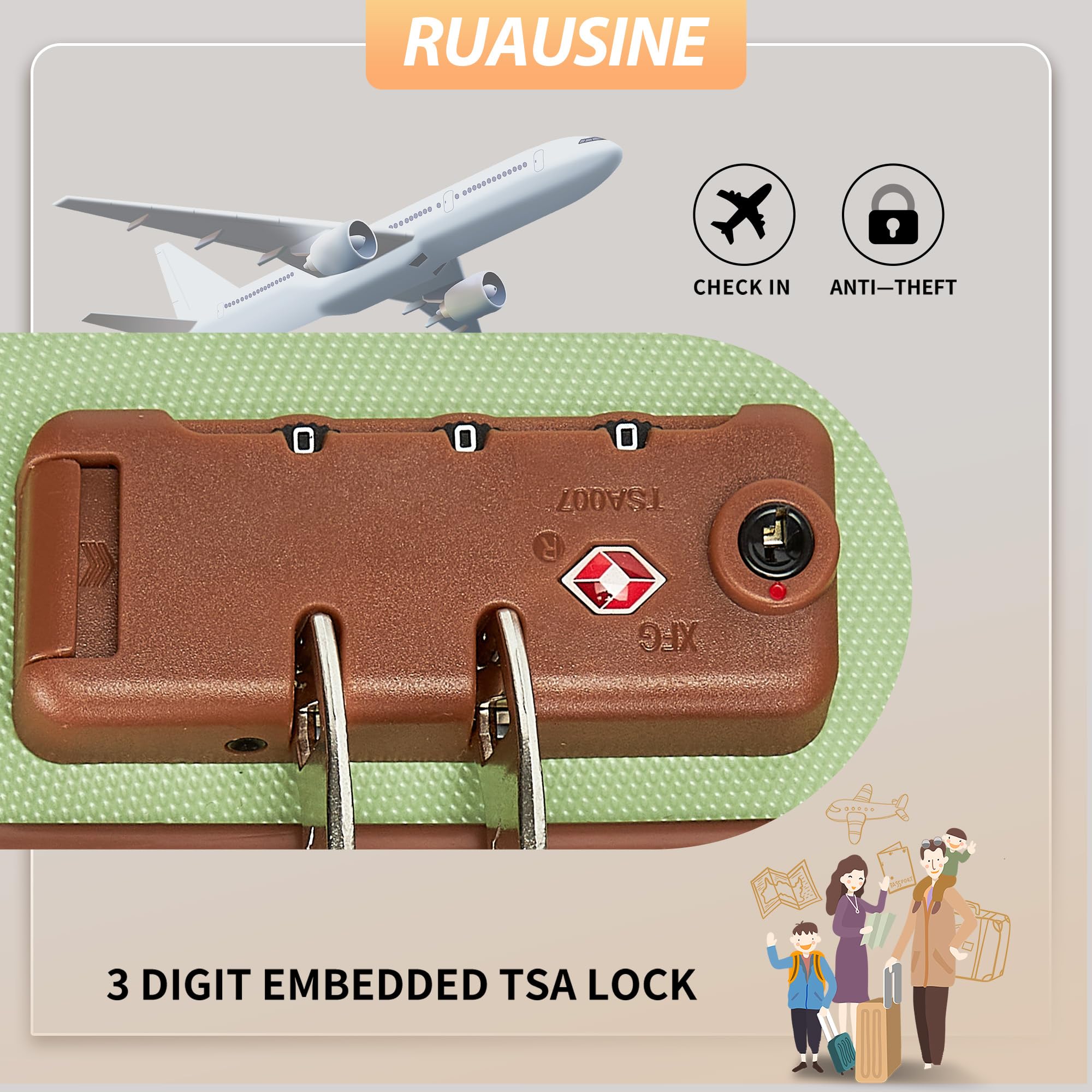 Ruausine Valigia a Mano Approvata per Trasporto Aereo, ​​Trolley Bagaglio a Mano​​ Rigido con ​​Ruote Multidirezionali​​, ​​Valigia Piccola Trolley​​ Leggera con Combinazione (Green, 20 IN)