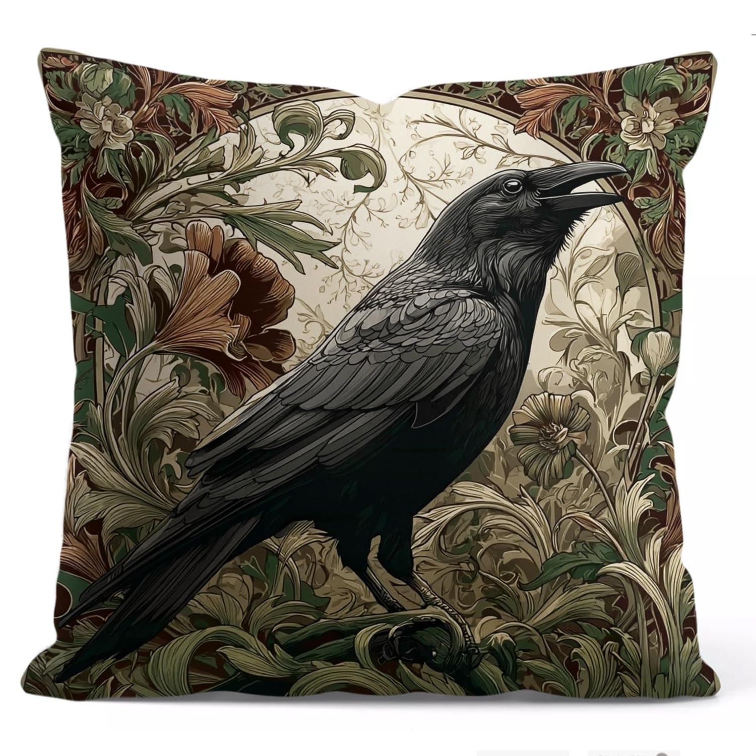 William Morris Abstract Art Floral Crow Design Throw Pillow Cover Home Decor, Vintage Black Crow Lovers Pillowcase Cover for Bed Sofa Living Room,