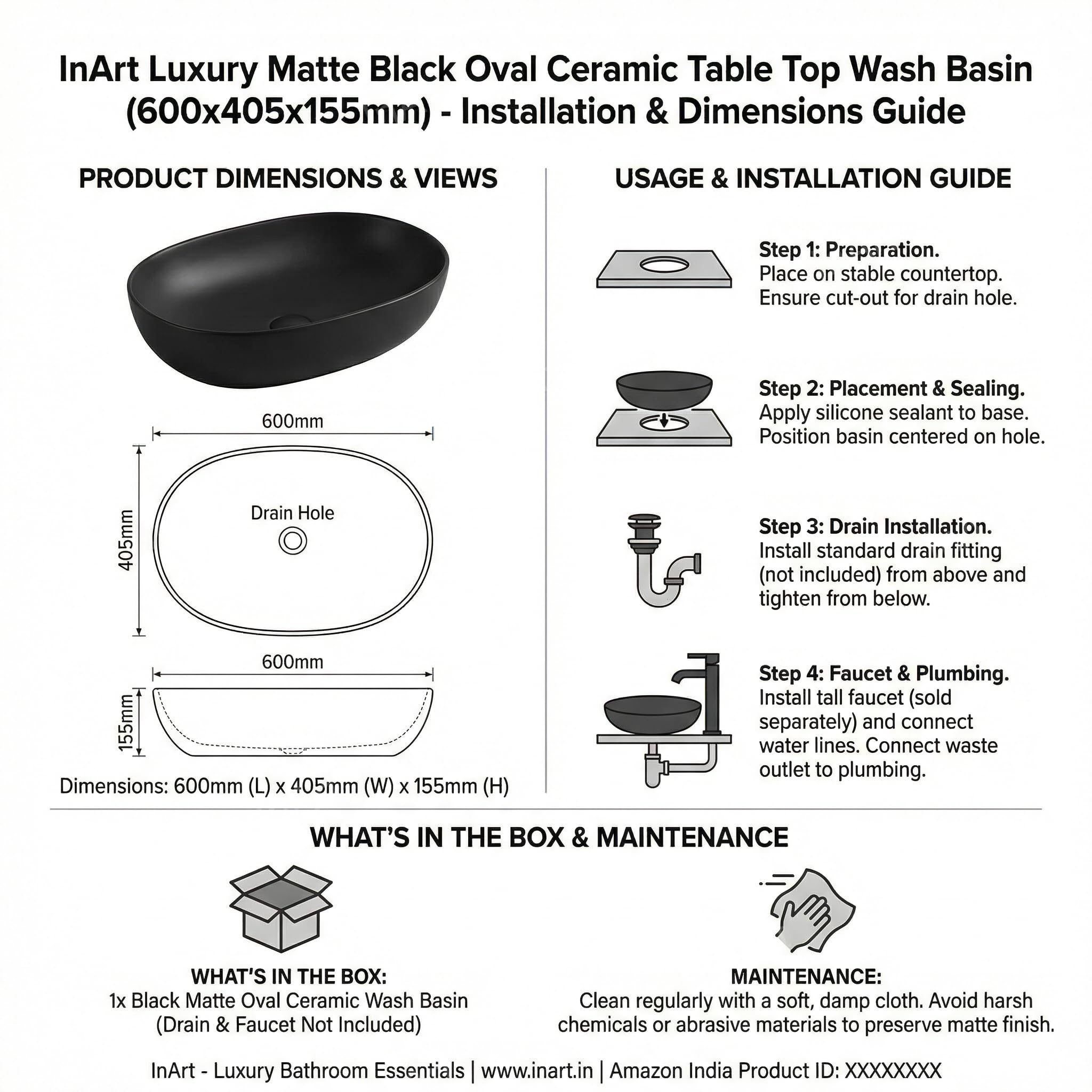 InArt Premium Designer Table Top Ceramic Wash Basin/Vessel Sink for Bathrooms (24 x 16 x 6 Inch, Black, Matt Finish) (Black Matt) 4
