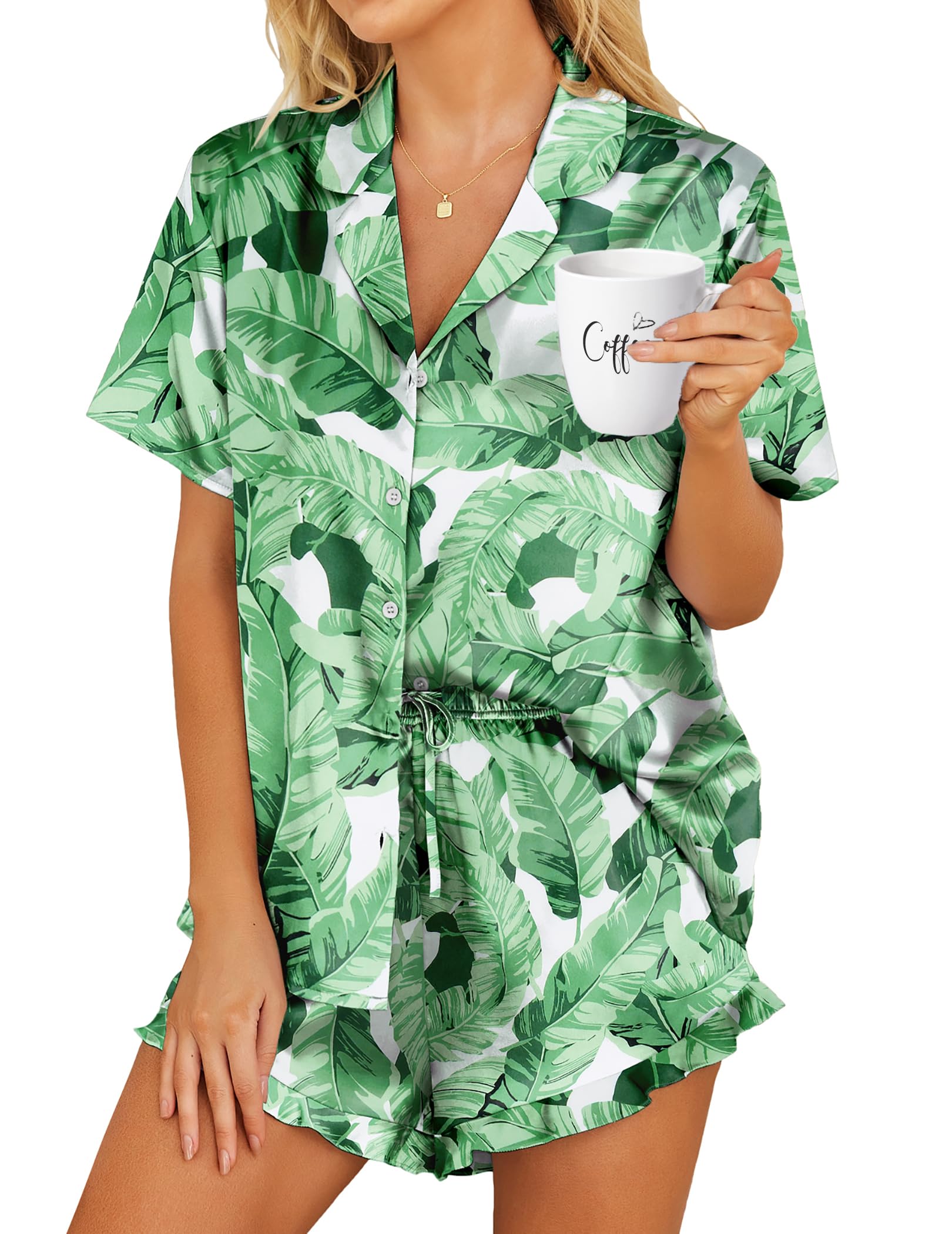 HOTOUCHWomens Satin Pajamas Set Button Down 2 Piece Silk Pjs Shorts Set Ruffle Lingerie Notch Collar Sleepwear