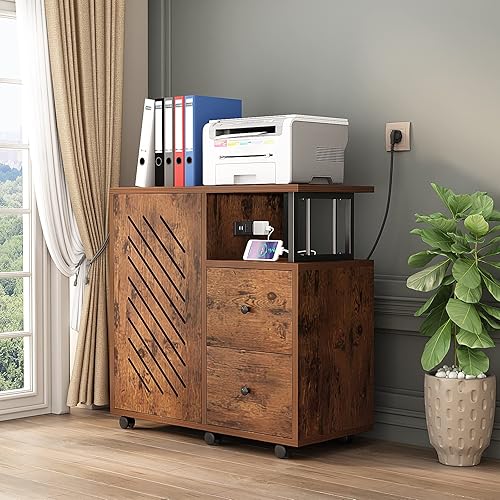 Miniatura 1 de MIN WIN Archivador lateral de oficina de 3 niveles con toma de corriente, pequeño soporte de madera para impresora rodante, soporte para horno