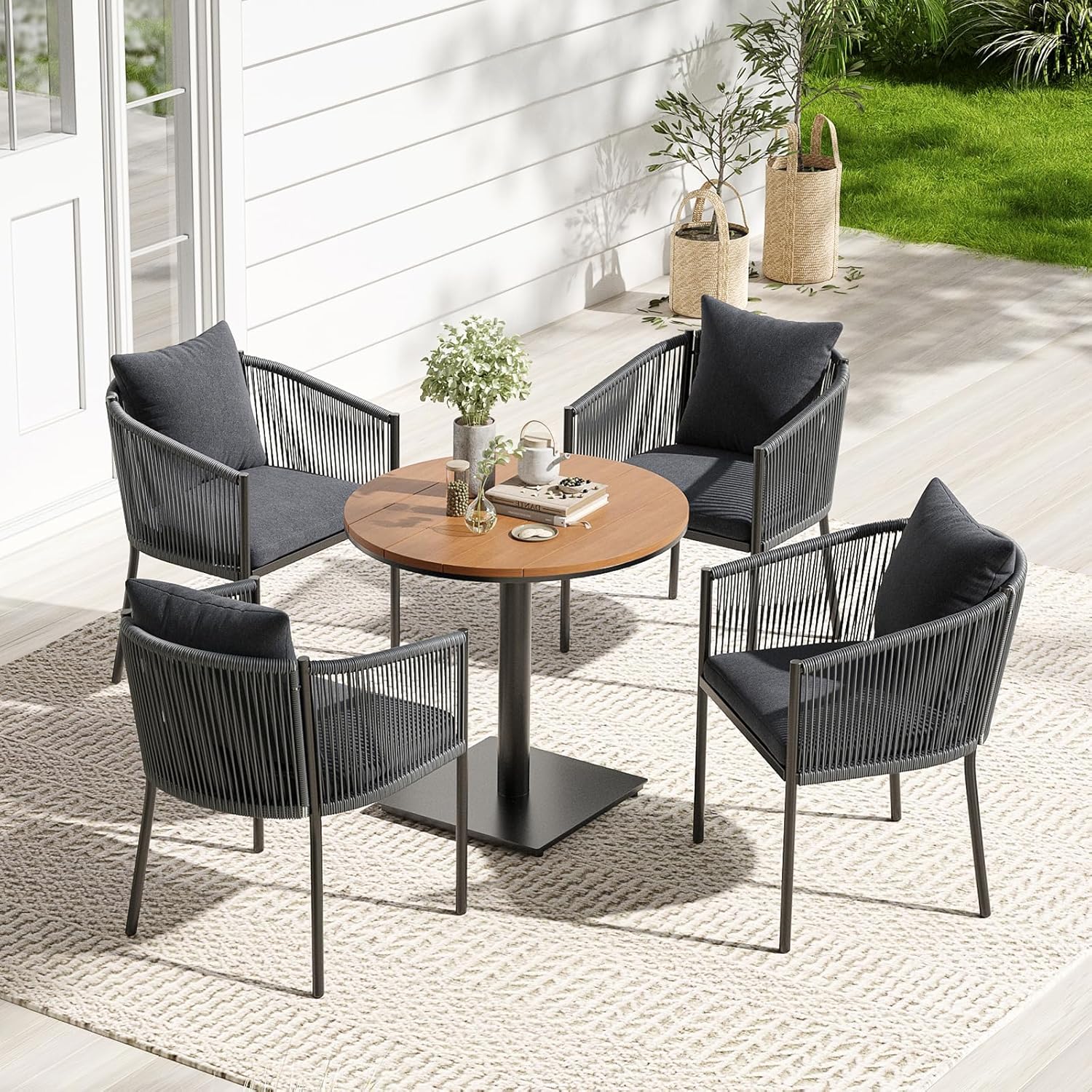 Soohow 5 Pieces Outdoor Dining Set for 4, Patio Table and Chairs Set 4 X Rattan Wicker Patio Chair with Cushions and 1 X Outdoor Table Plastic Wooden Top for Lawn, Deck Backyard, Poolside