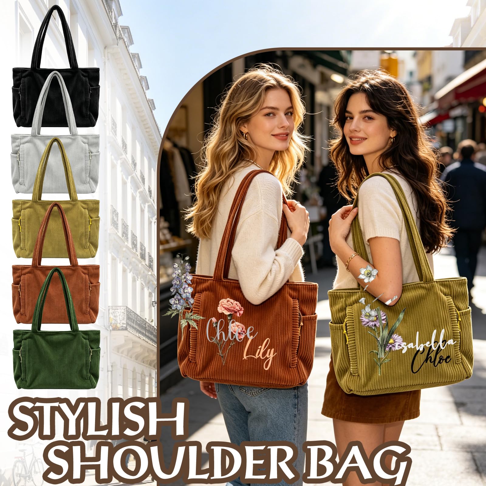 Bolsa de mano de pana personalizada para mujer, bolsa de hombro con cremallera de gran capacidad y bolsillos laterales